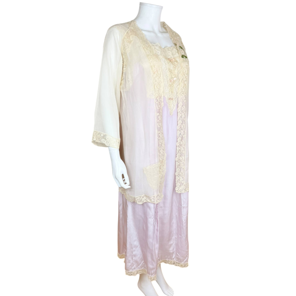 side view of Antique 1920s lilac silk nightgown with matching cream chiffon bed jacket