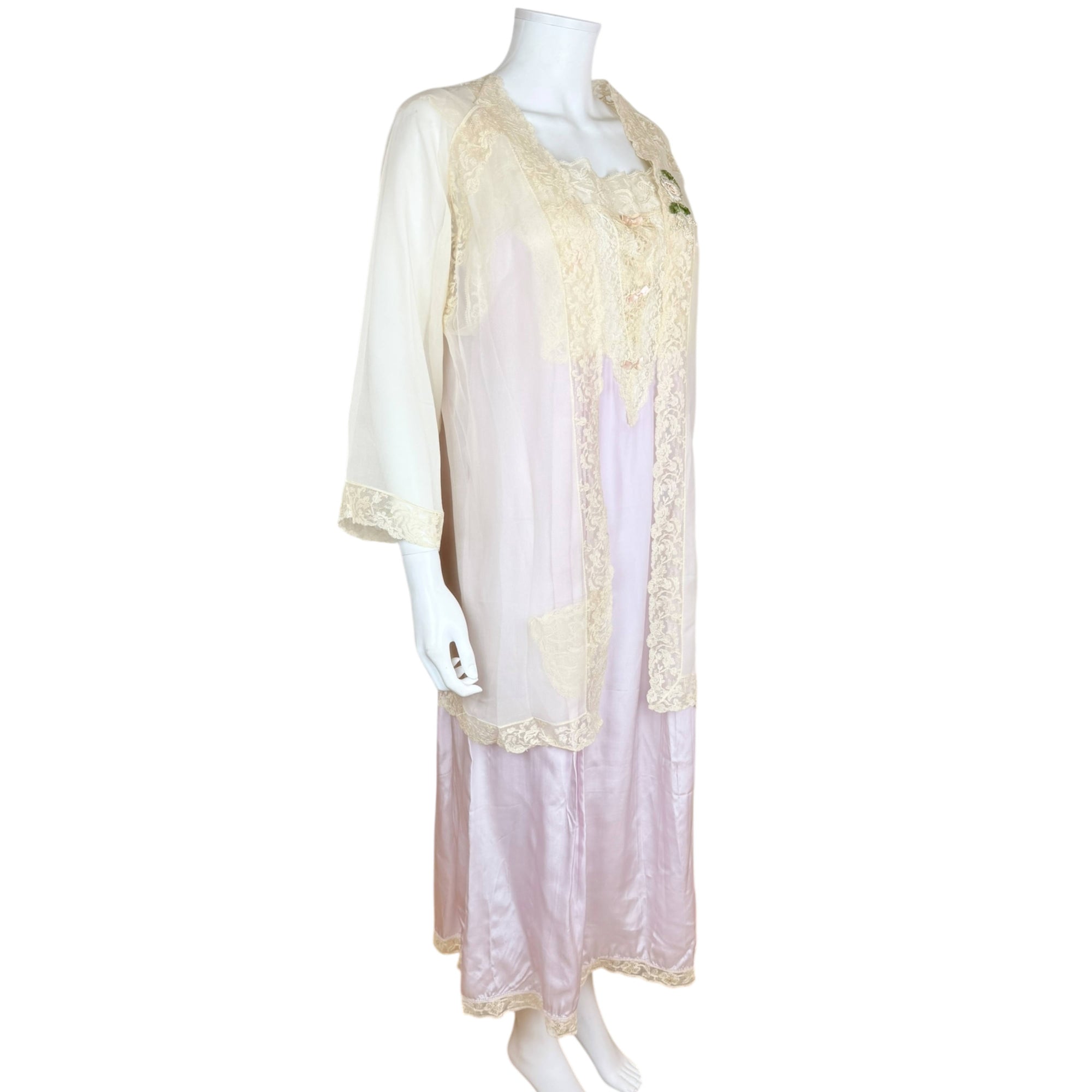 side view of Antique 1920s lilac silk nightgown with matching cream chiffon bed jacket