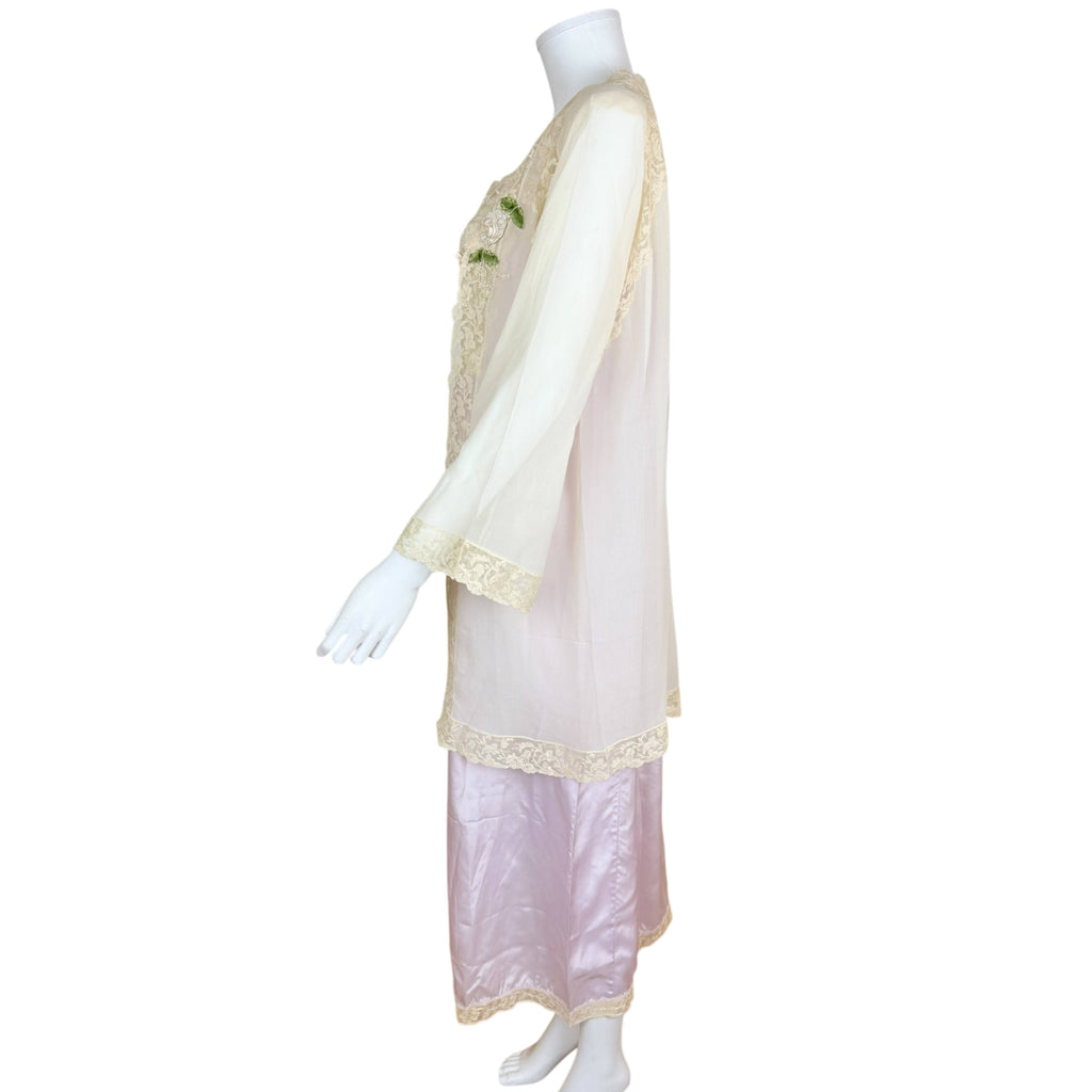 left side view of Antique 1920s lilac silk nightgown with matching cream chiffon bed jacket