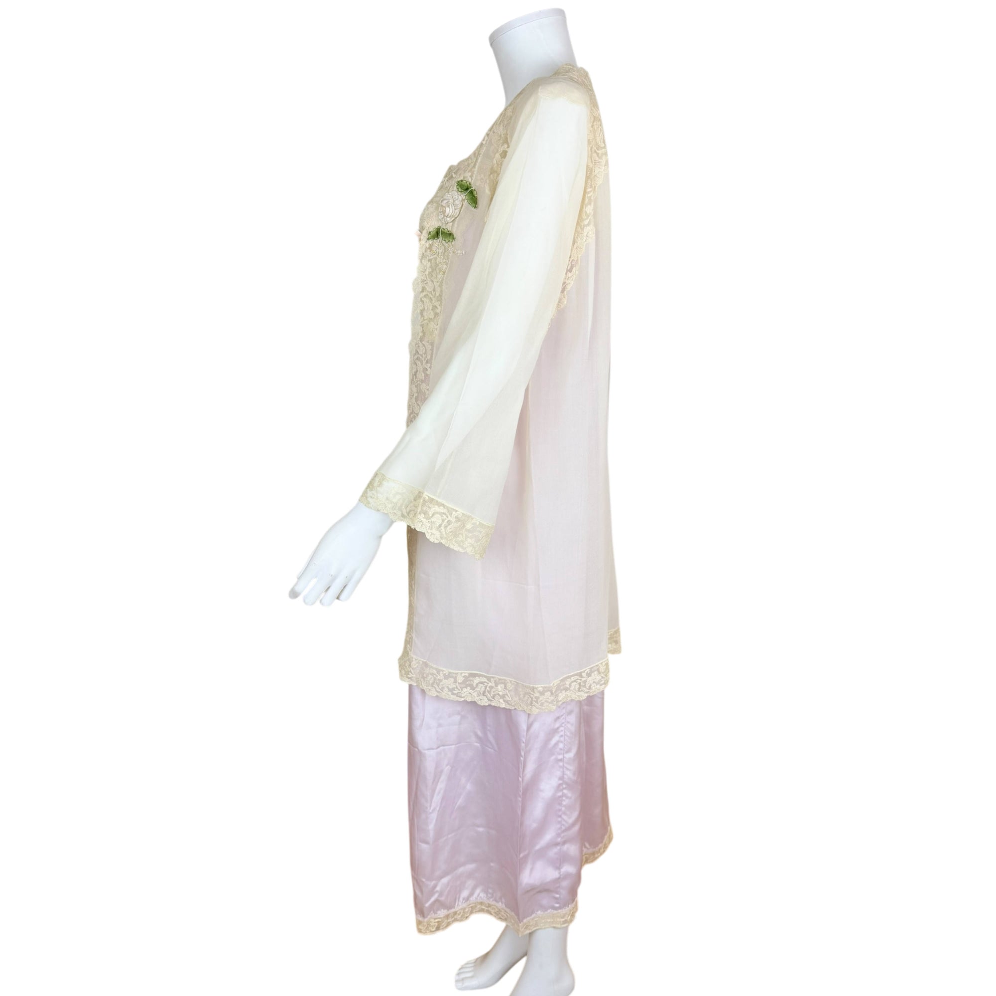 left side view of Antique 1920s lilac silk nightgown with matching cream chiffon bed jacket