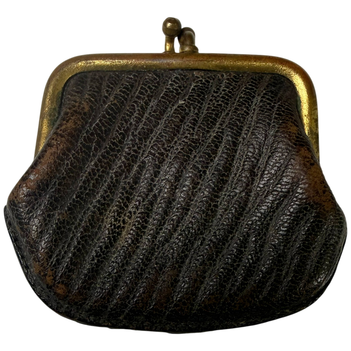 Small antique dark textured leather change purse with brass-coloured kiss-lock frame, found inside Edwardian handbag