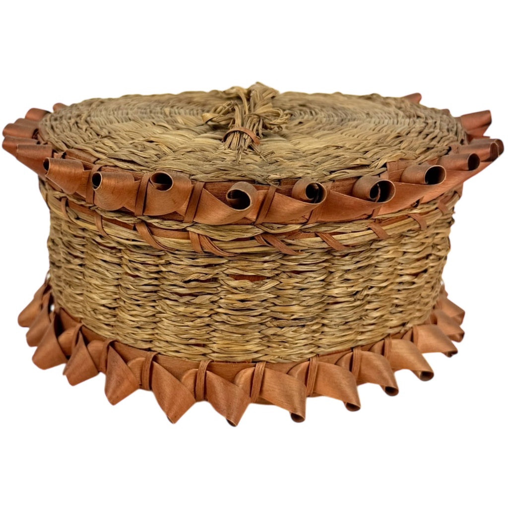 Antique Native American Lidded Basket Wabanaki Sweetgrass w Curly Ash Splint