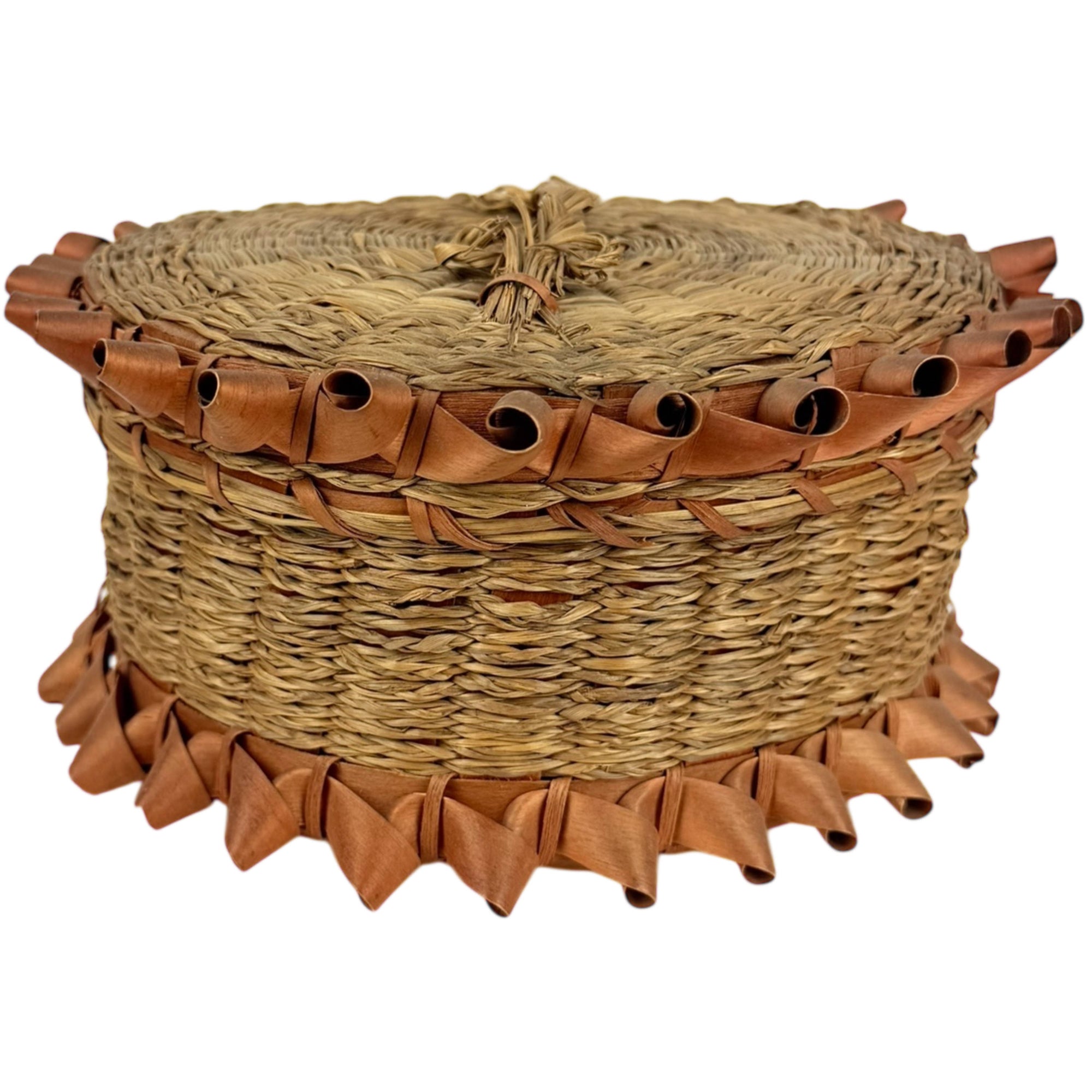 Antique Native American Lidded Basket Wabanaki Sweetgrass w Curly Ash Splint