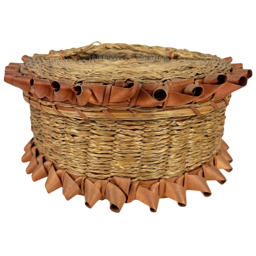 Antique Native American Lidded Basket Wabanaki Sweetgrass w Curly Ash Splint