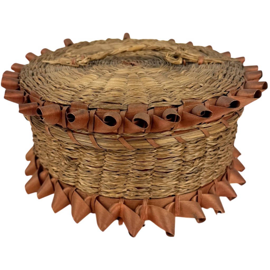 Antique Native American Lidded Basket Wabanaki Sweetgrass w Curly Ash Splint