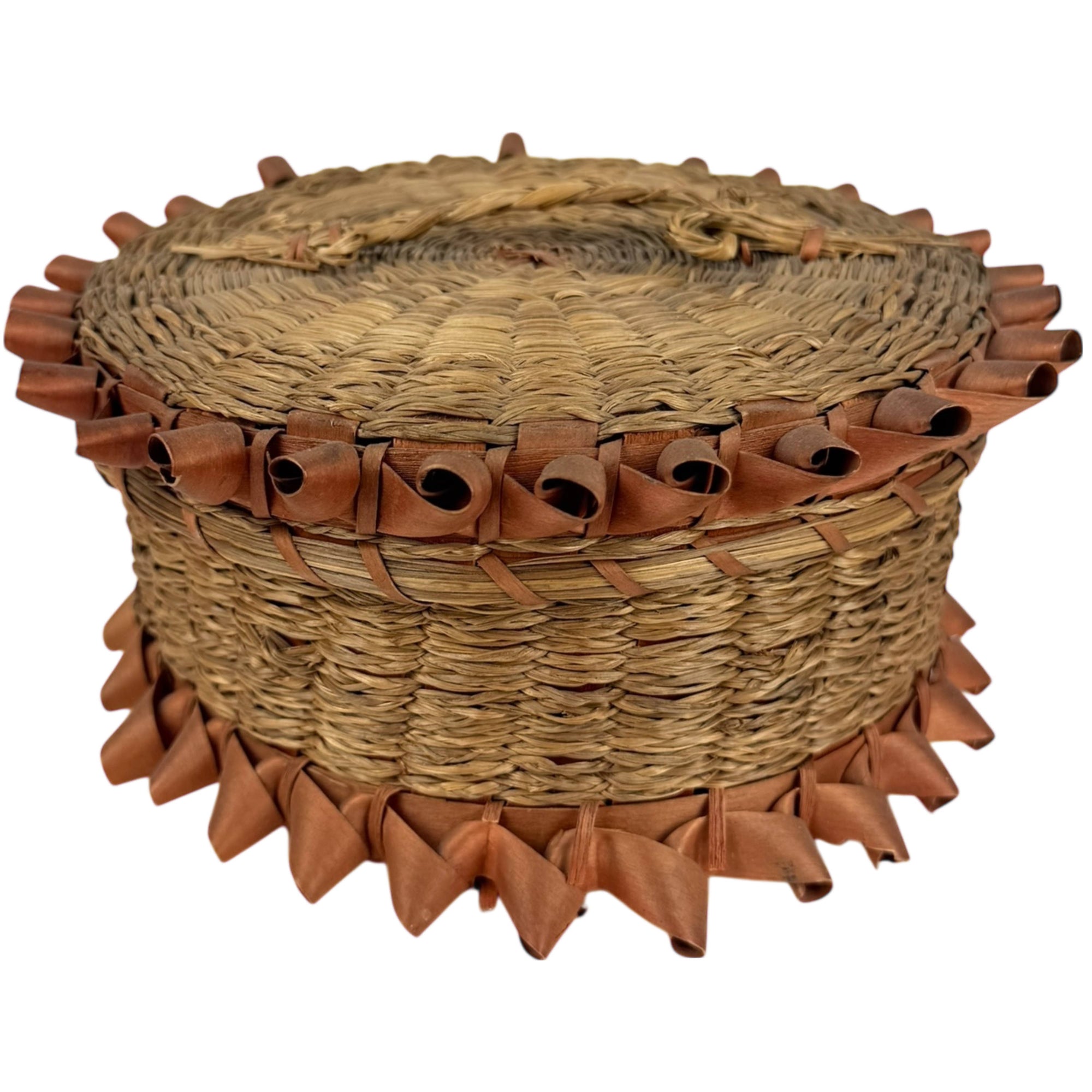 Antique Native American Lidded Basket Wabanaki Sweetgrass w Curly Ash Splint