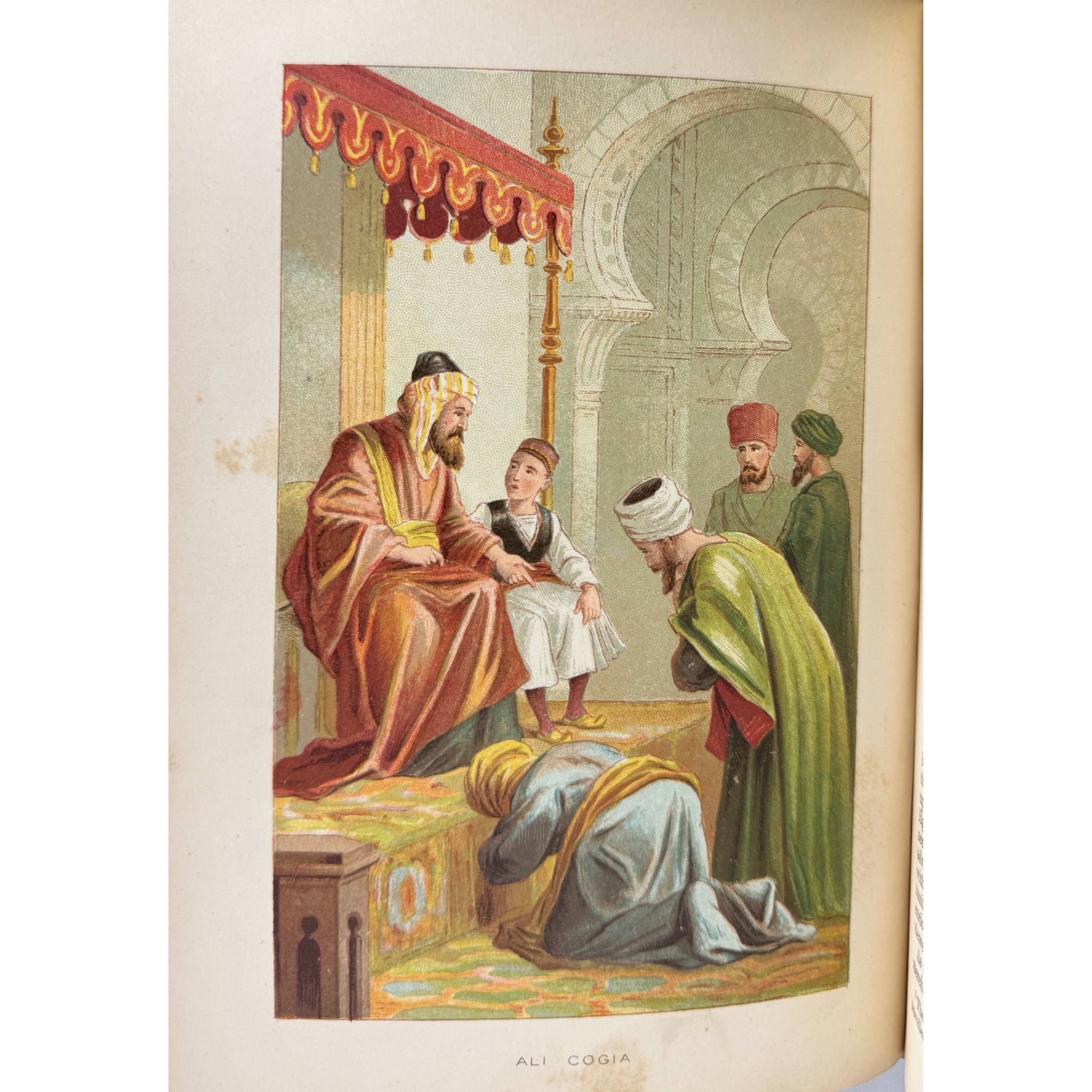 Ali Cogia colour illustration from antique Arabian Nights book