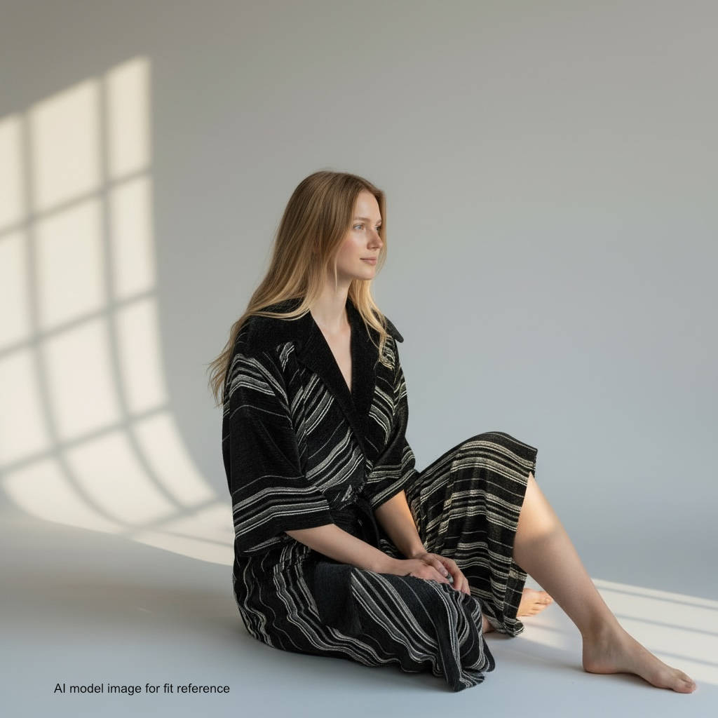 AI model in sitting pose wearing Carnaby Street Aristos Ariella vintage coat dress