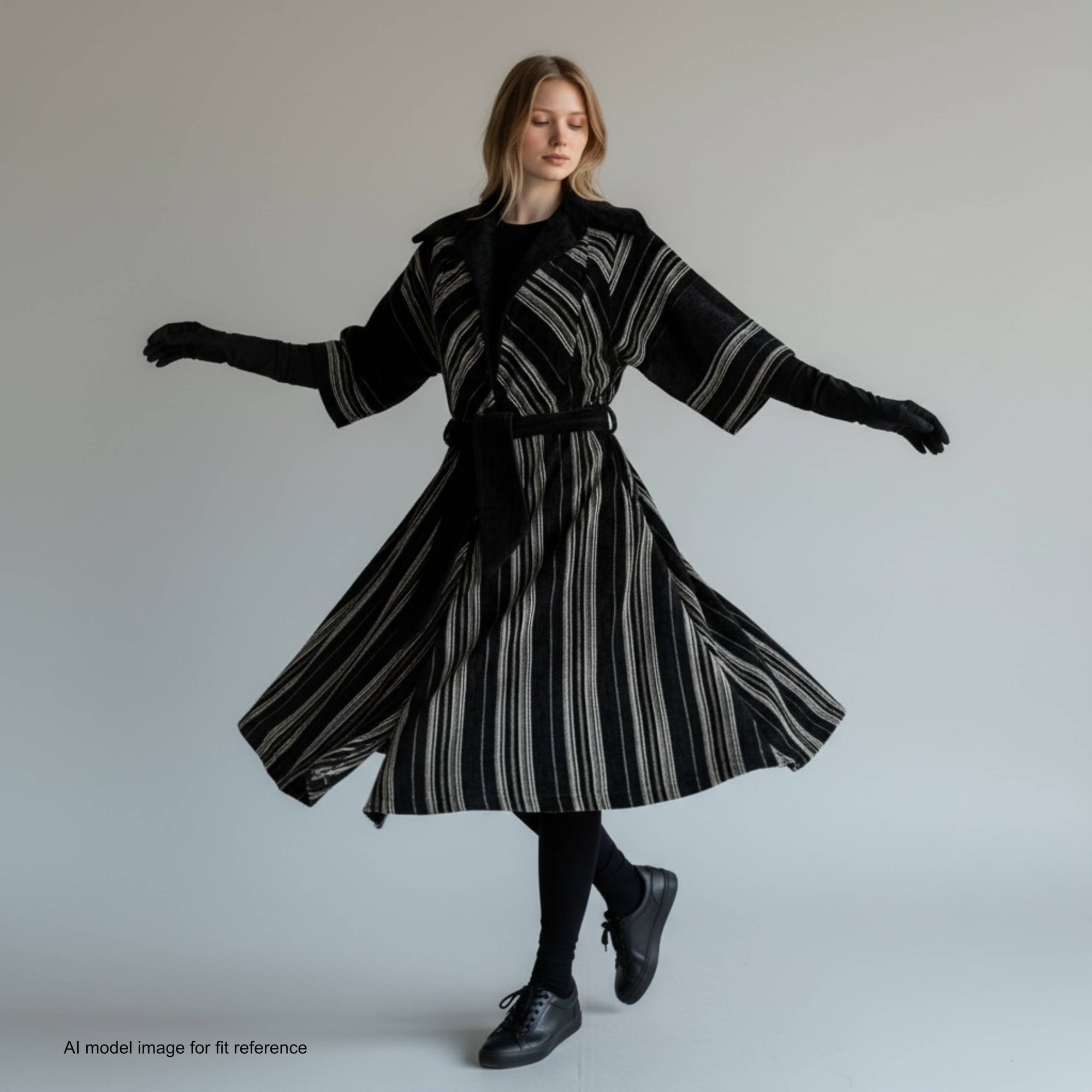 AI model swirling in Aristos Carnaby Street coat