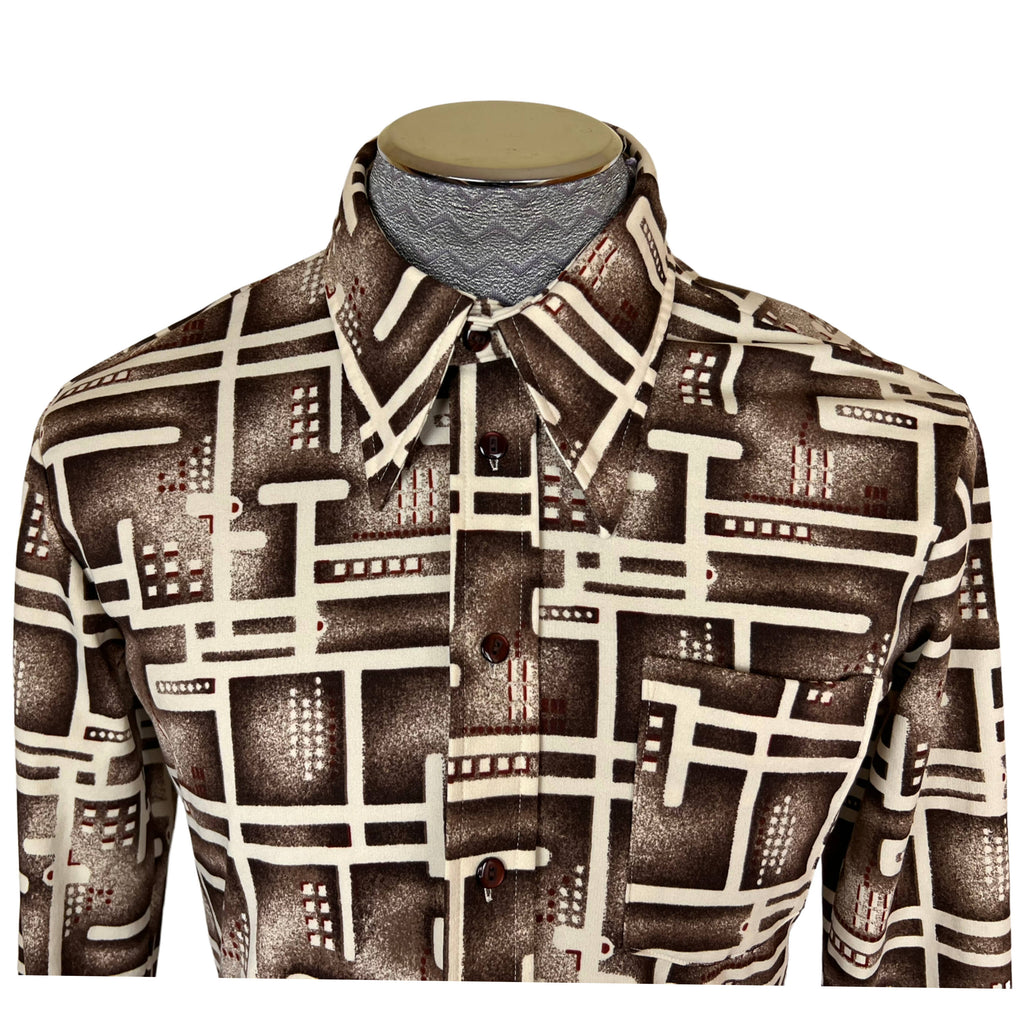 Vintage 1970s Disco Shirt Geometric Stretchy Polyester Sz XL