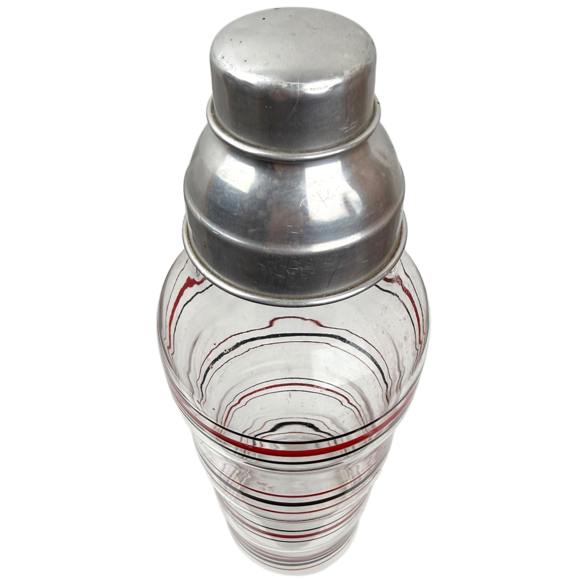 Art Deco Cocktail Shaker Painted Rings Glass w Aluminum Top