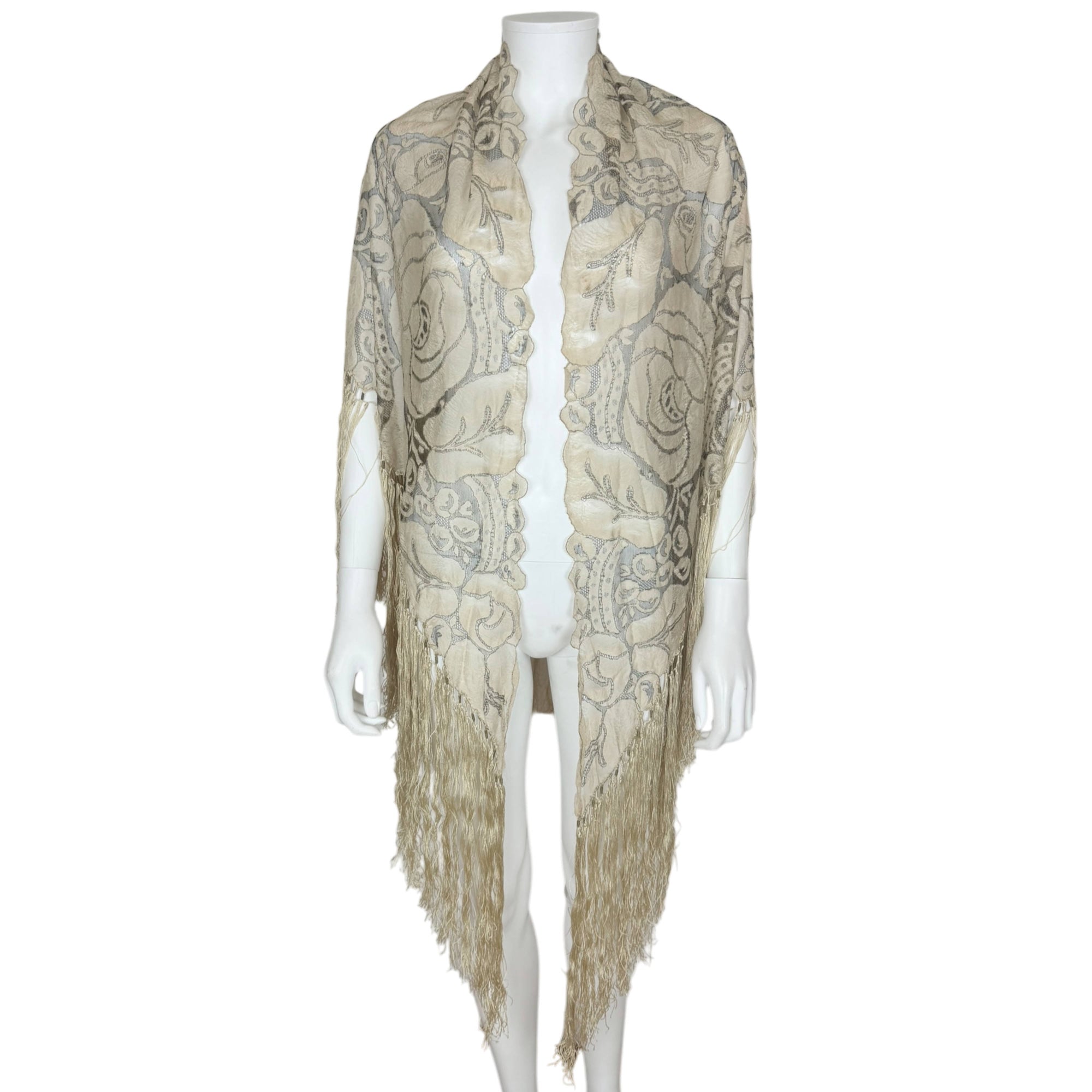 Art Deco Shawl Woven Silk Gauze Fringed Rose Floral Lace Ptn