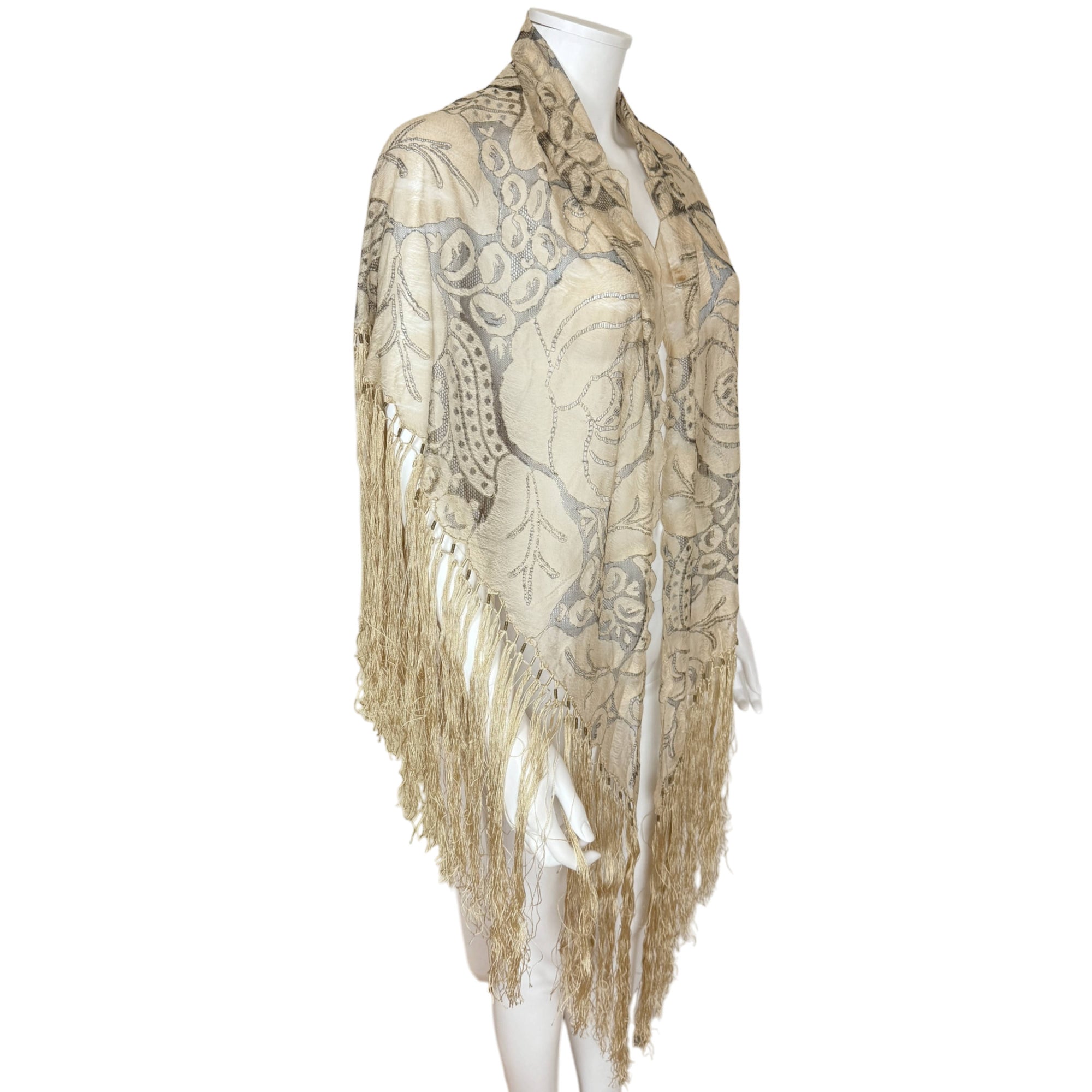 Art Deco Shawl Woven Silk Gauze Fringed Rose Floral Lace Ptn