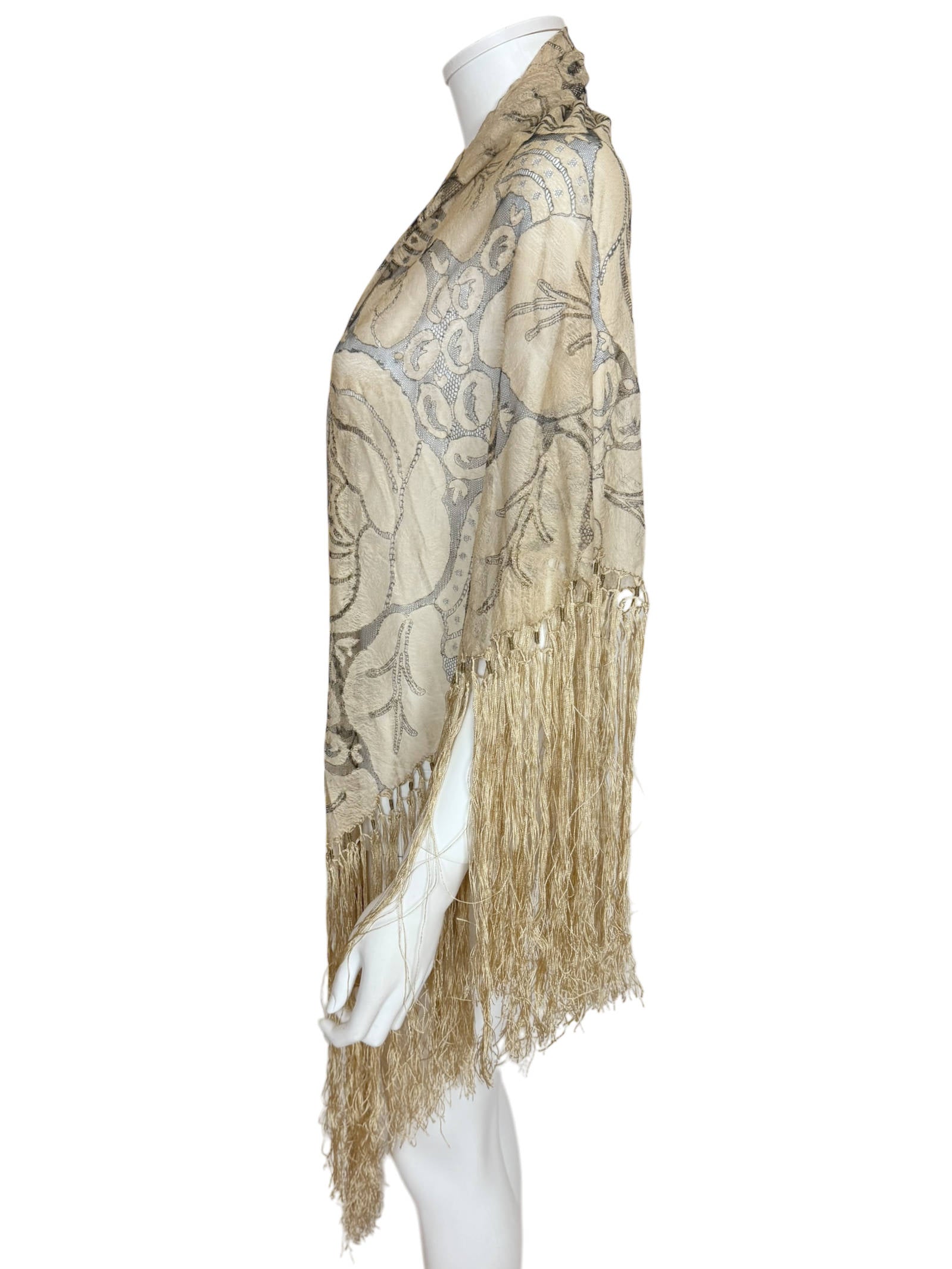 Art Deco Shawl Woven Silk Gauze Fringed Rose Floral Lace Ptn
