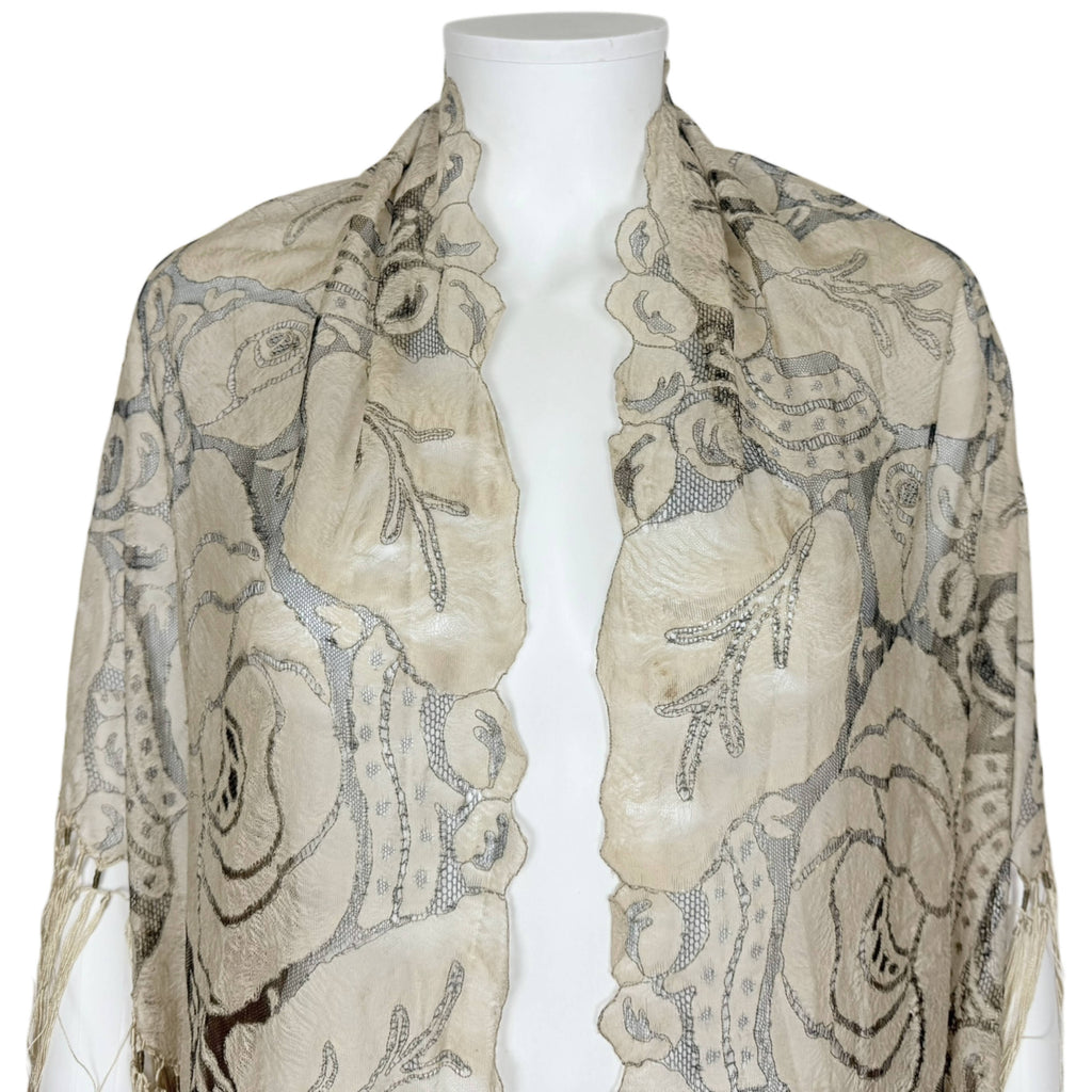 Art Deco Shawl Woven Silk Gauze Fringed Rose Floral Lace Ptn