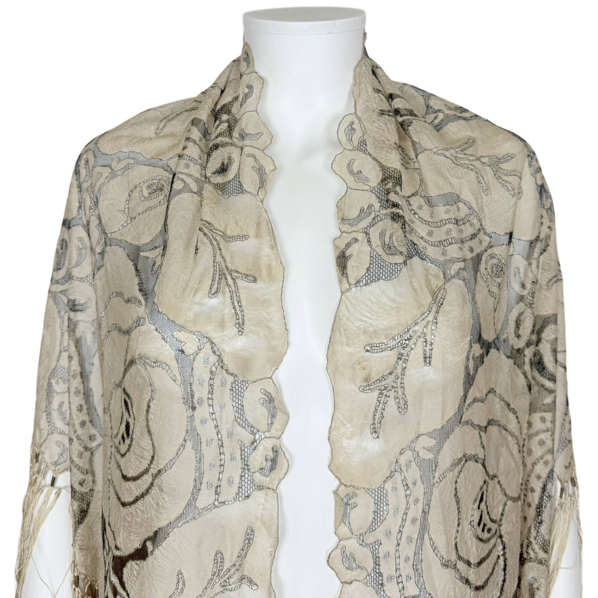Art Deco Shawl Woven Silk Gauze Fringed Rose Floral Lace Ptn