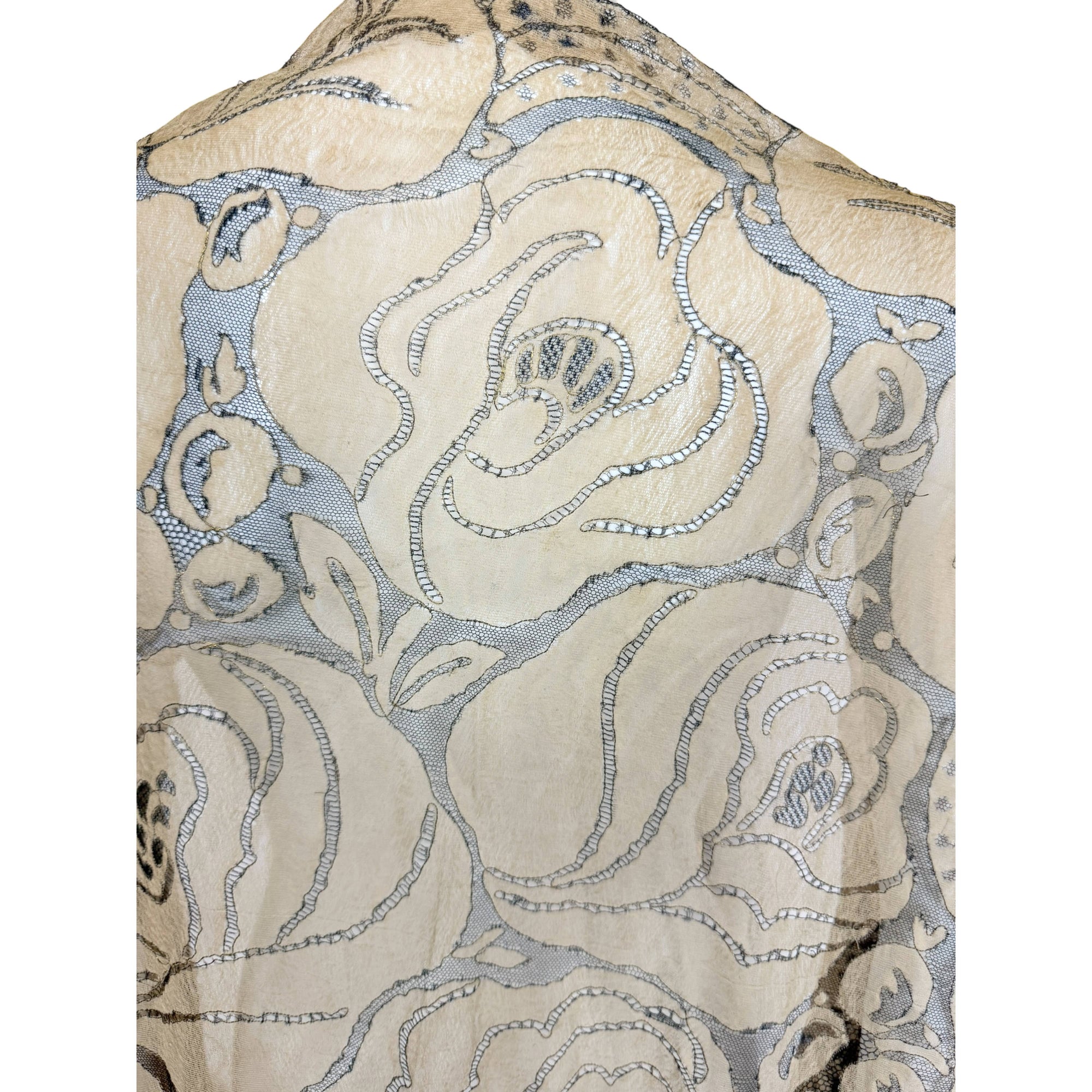 Art Deco Shawl Woven Silk Gauze Fringed Rose Floral Lace Ptn