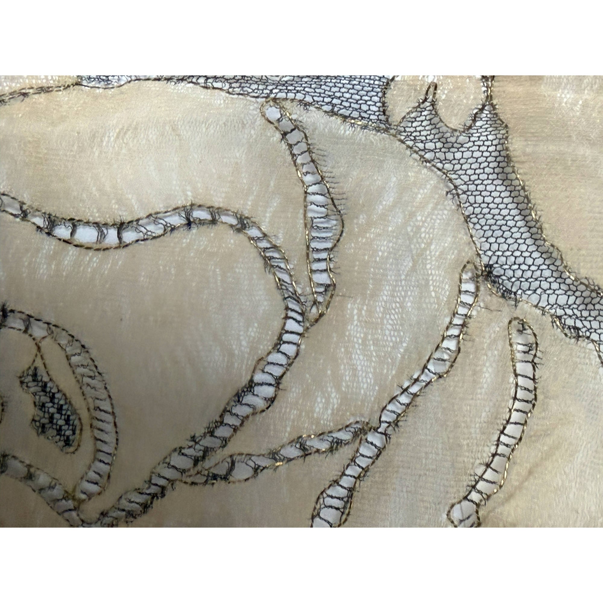 Art Deco Shawl Woven Silk Gauze Fringed Rose Floral Lace Ptn