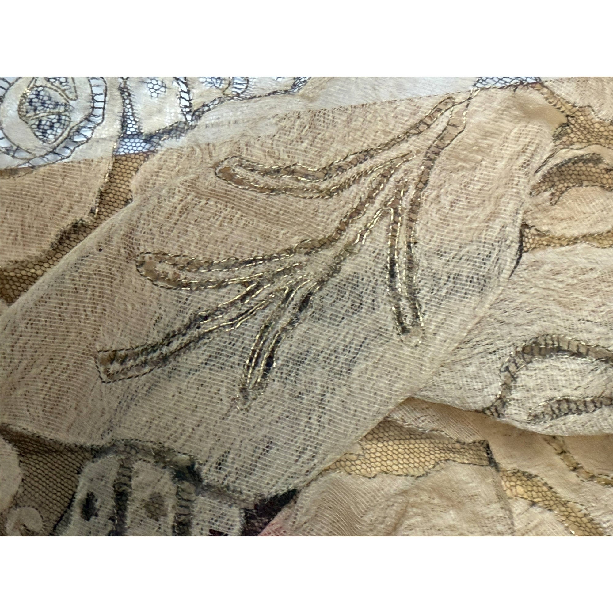 Art Deco Shawl Woven Silk Gauze Fringed Rose Floral Lace Ptn