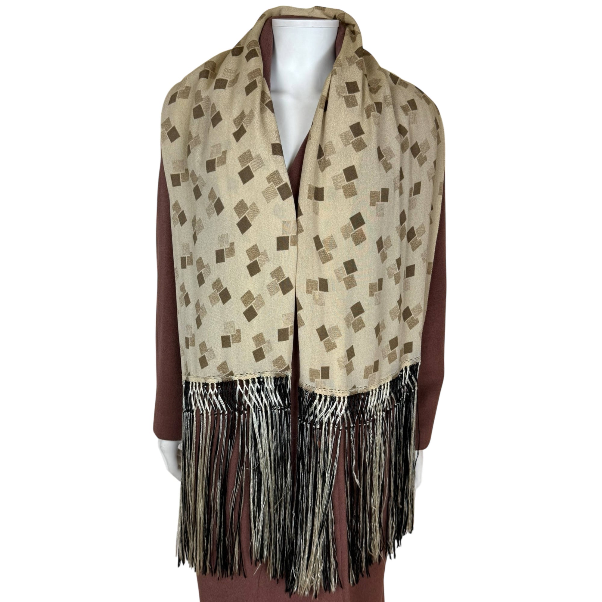 Vintage 1920s Art Deco Stole Geometric Fringed Silk Scarf