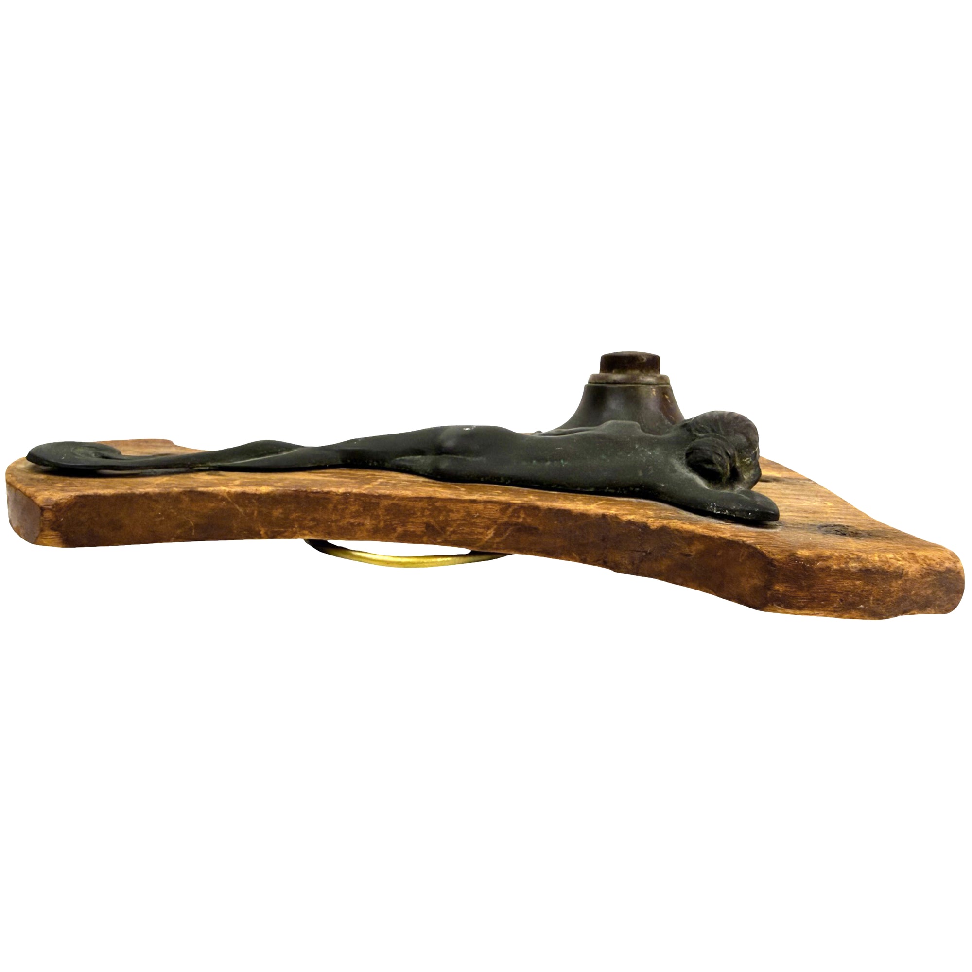 Side view of antique bronze electric bell button on wooden backplate