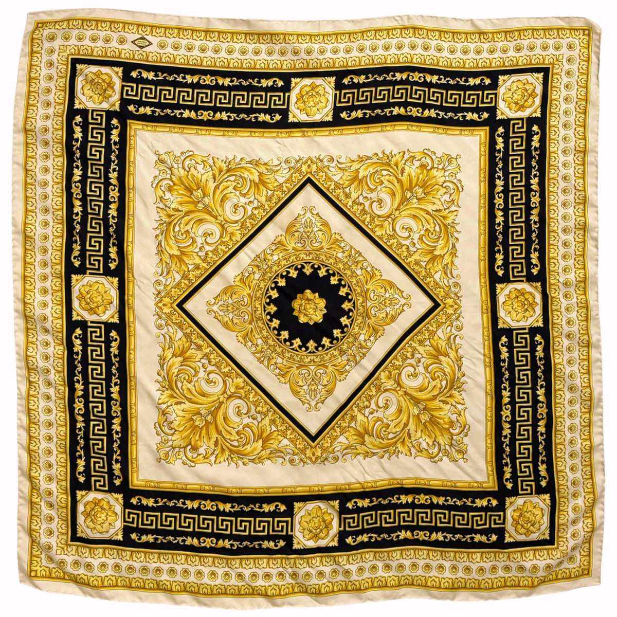 Vintage Atelier Versace 35 inch square silk scarf in black, gold and cream with ornate Baroque floral design