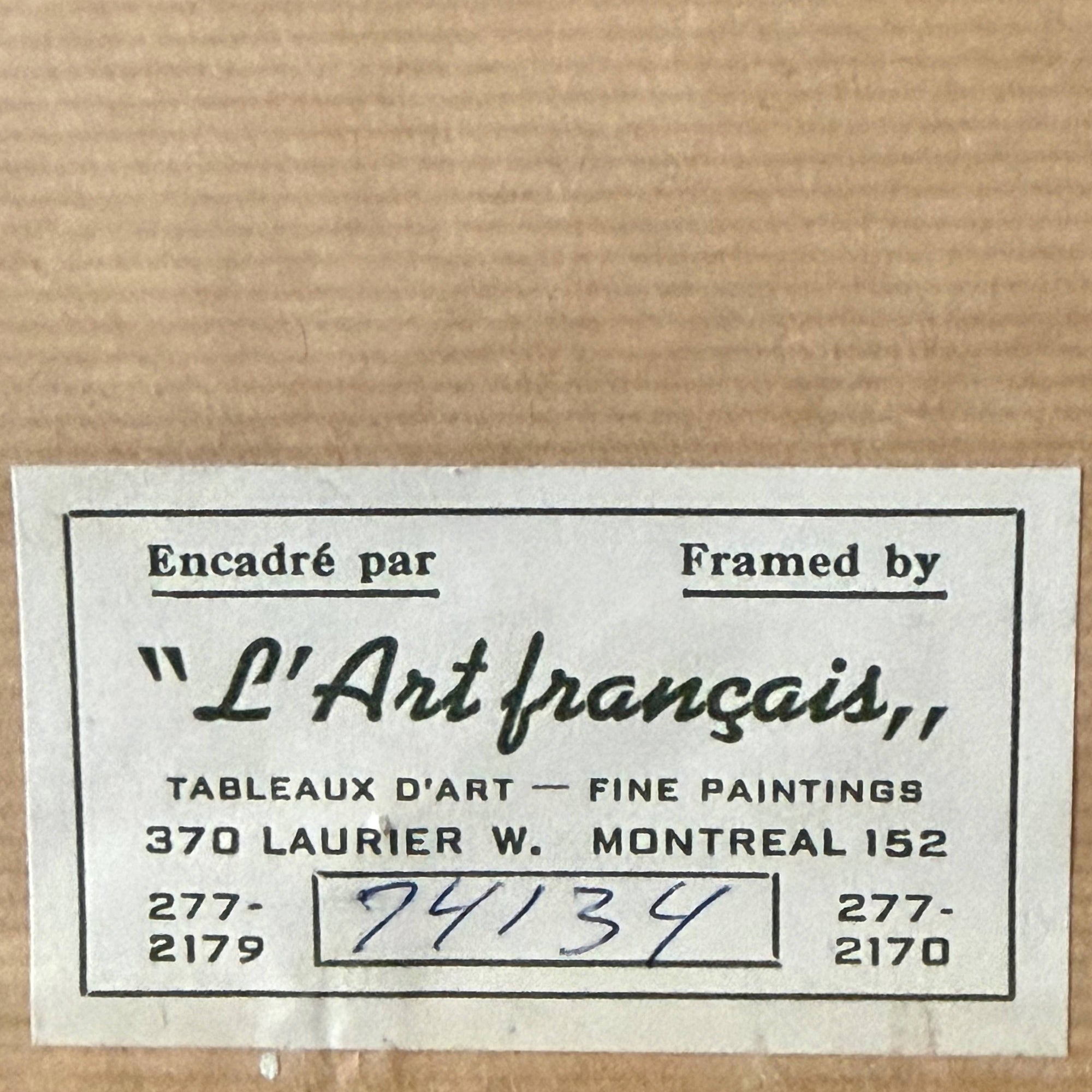 Reverse frame label L’Art Français Montreal vintage framing label
