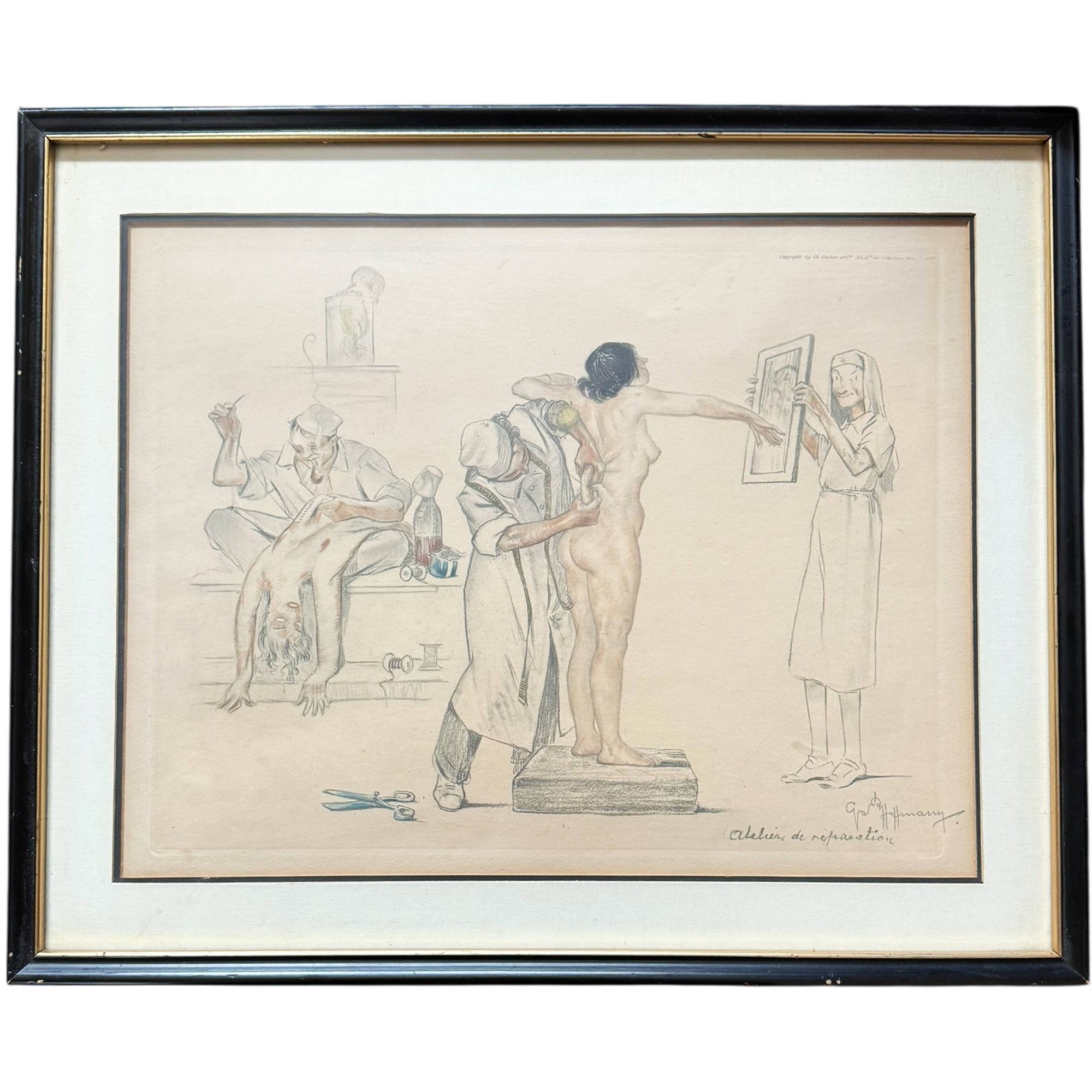 Gaston Hoffmann Atelier de Réparation medical satire etching framed