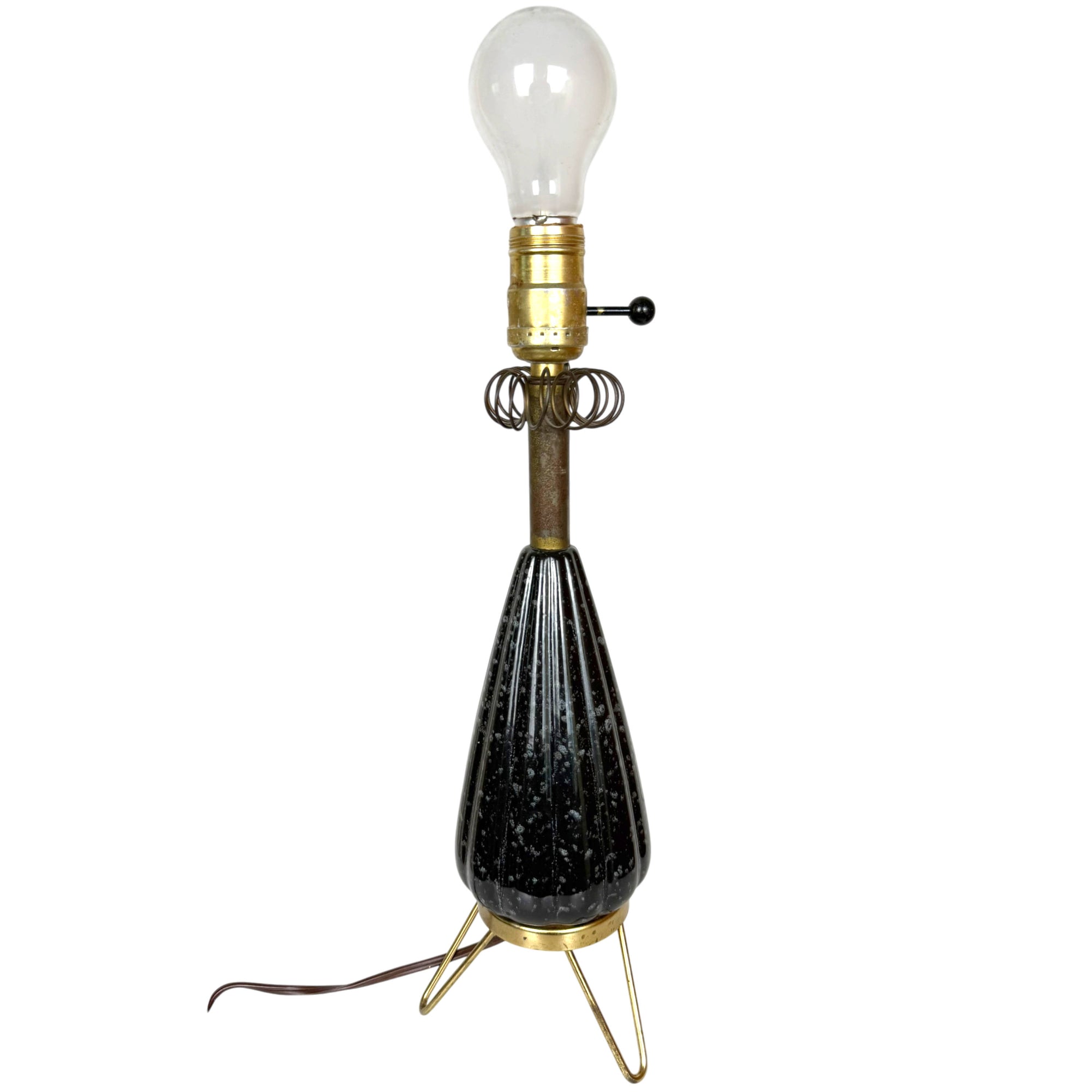 1950s black ceramic table lamp with tripod wire feet