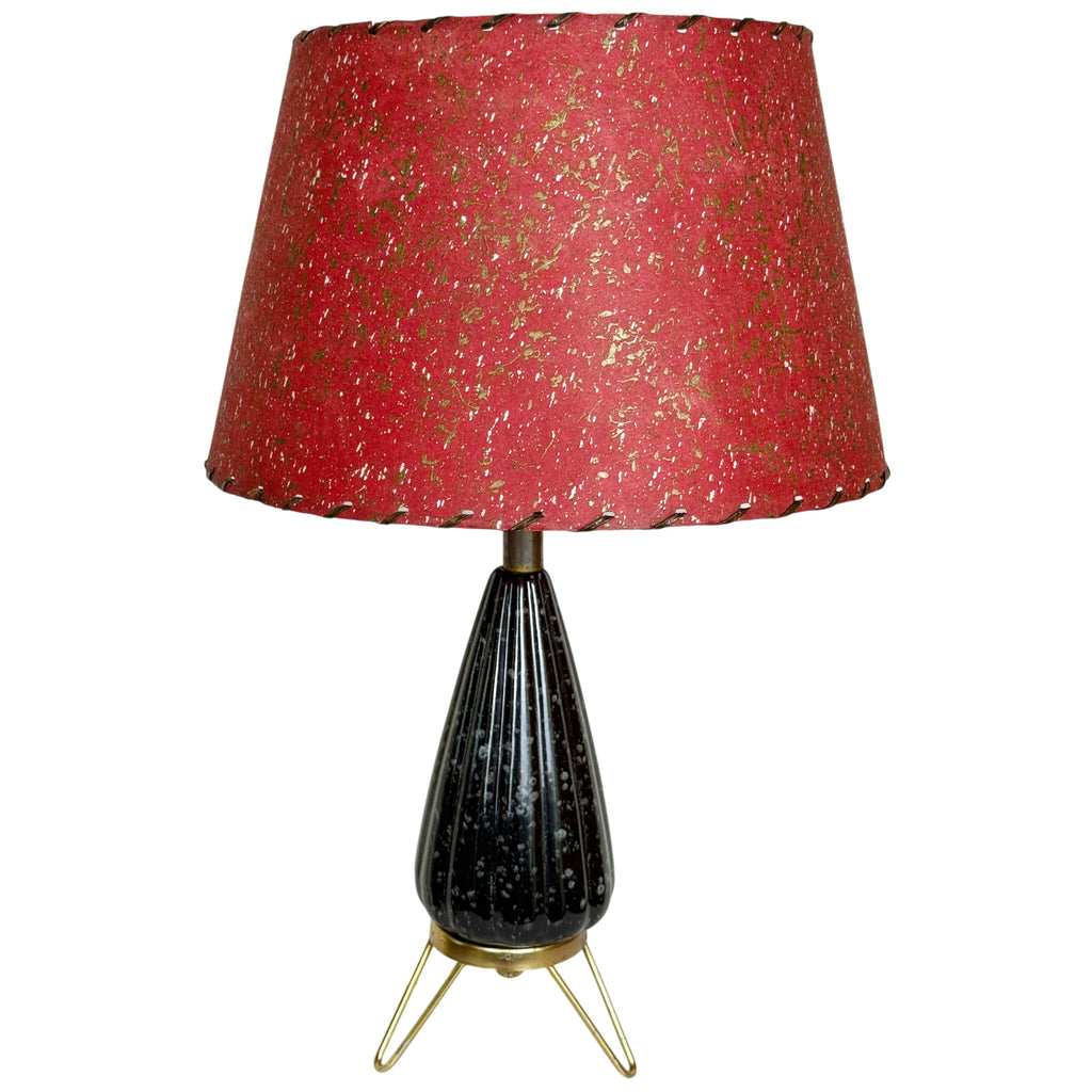 1950s atomic table lamp black ceramic tripod base red fibreglass shade