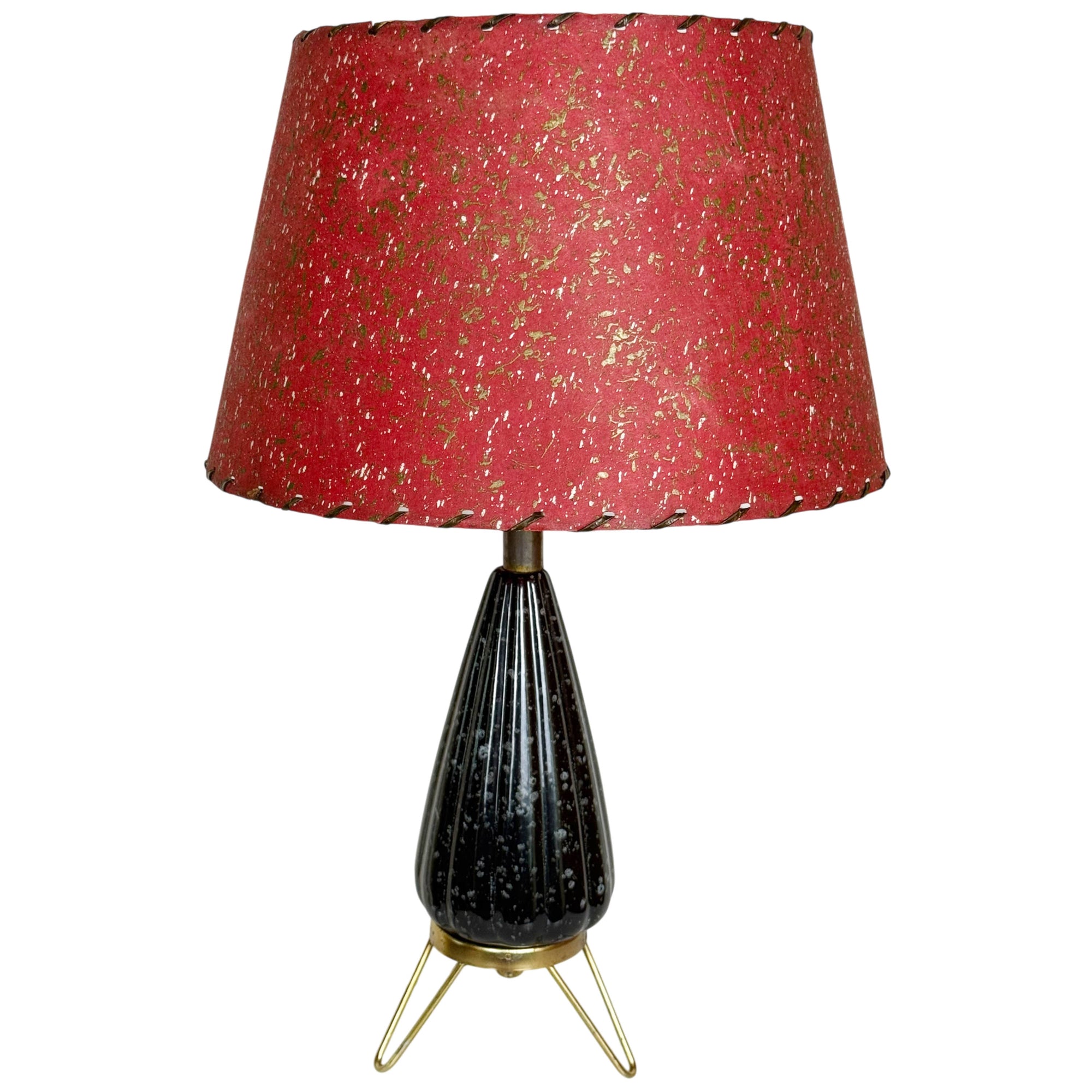 1950s atomic table lamp black ceramic tripod base red fibreglass shade
