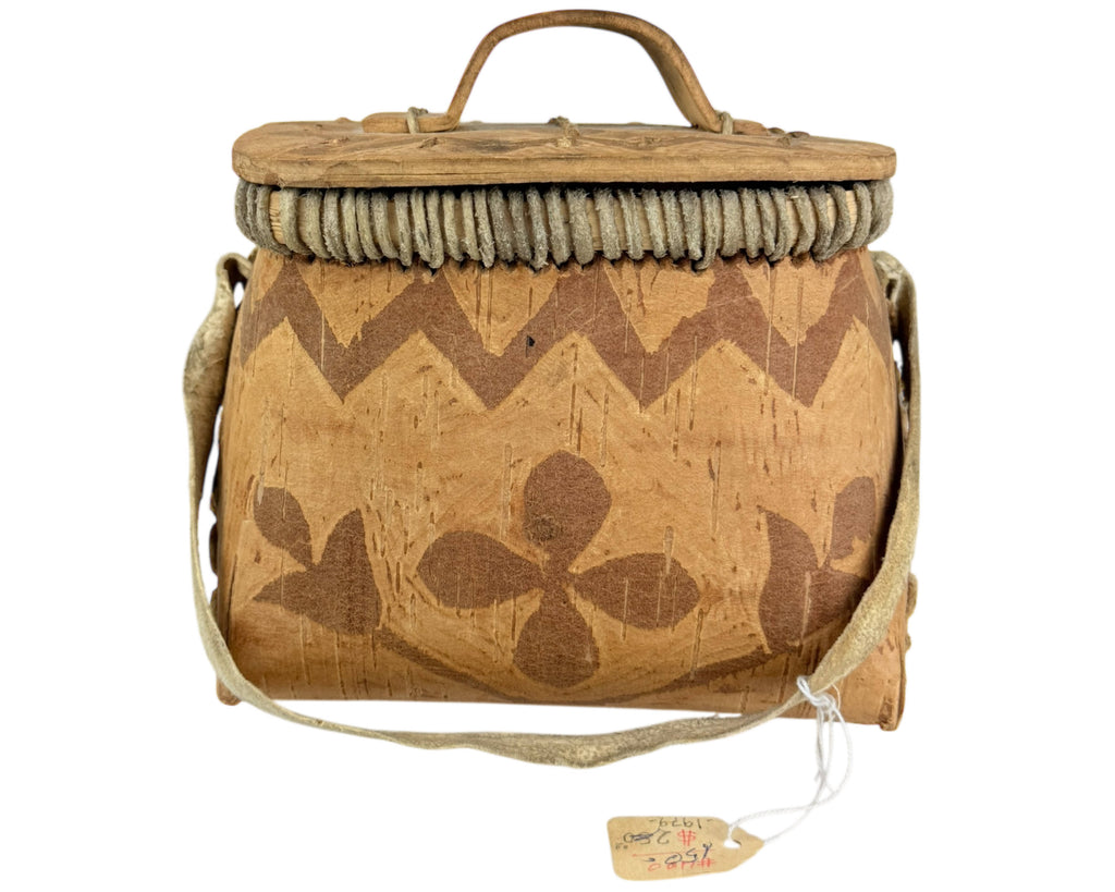 Vintage Birch Bark Rogan with Handle Anishinaabe Indigenous Storage Box Quebec