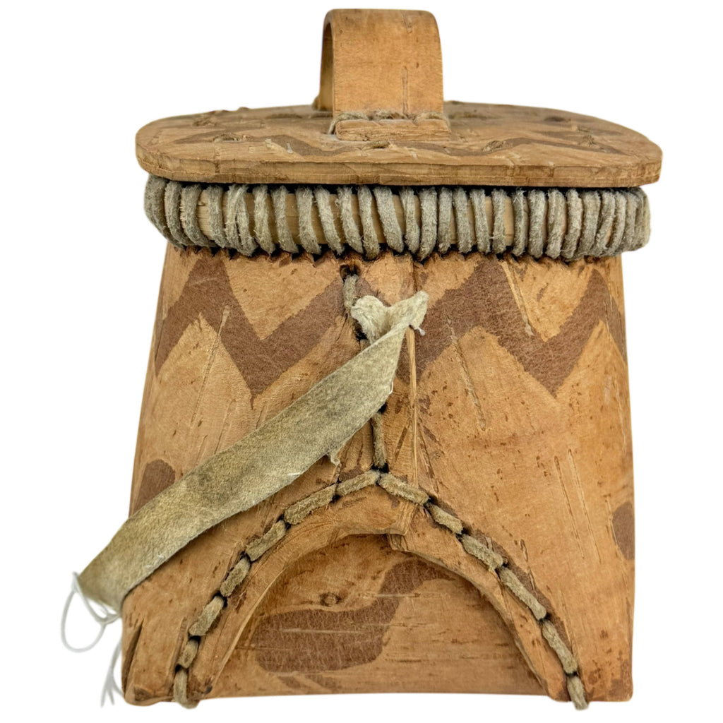 Vintage Birch Bark Rogan with Handle Anishinaabe Indigenous Storage Box Quebec