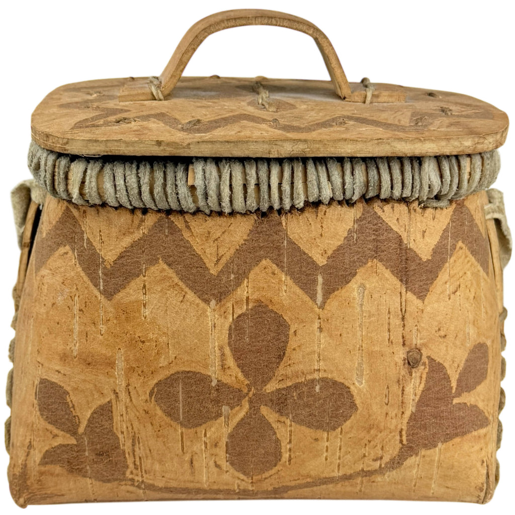 Vintage Birch Bark Rogan with Handle Anishinaabe Indigenous Storage Box Quebec