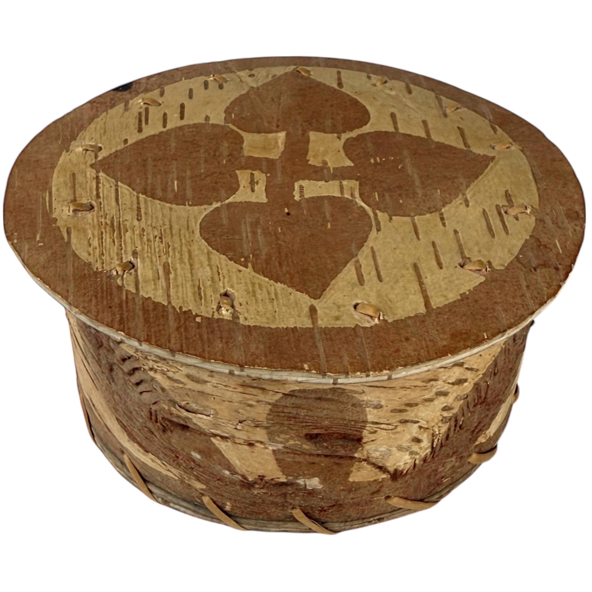 Vintage Attikamekw Birchbark Lidded Box with Cut Bark Motif, Woodland Indigenous Craft