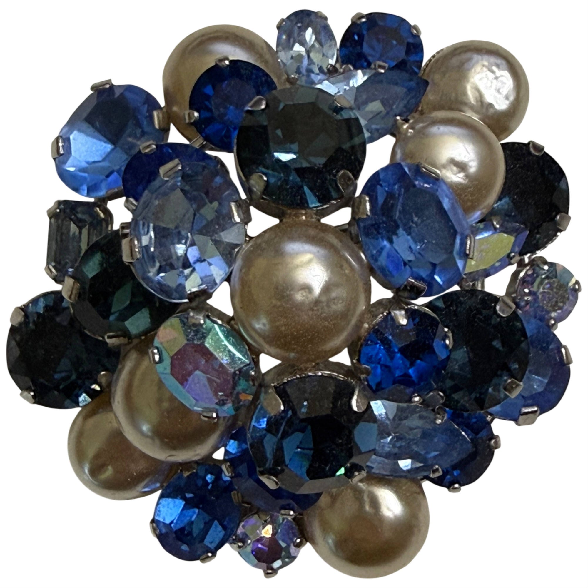 Vintage Austrian blue glass rhinestone and faux pearl brooch