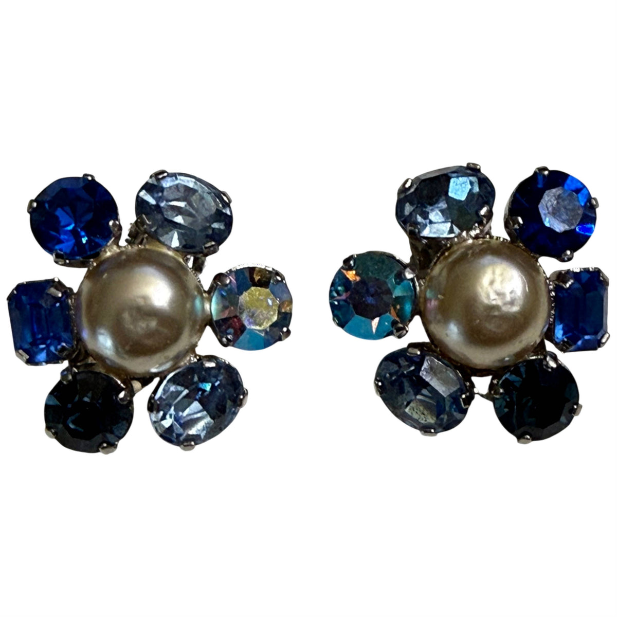 Matching Austrian blue rhinestone and faux pearl clip-on earrings