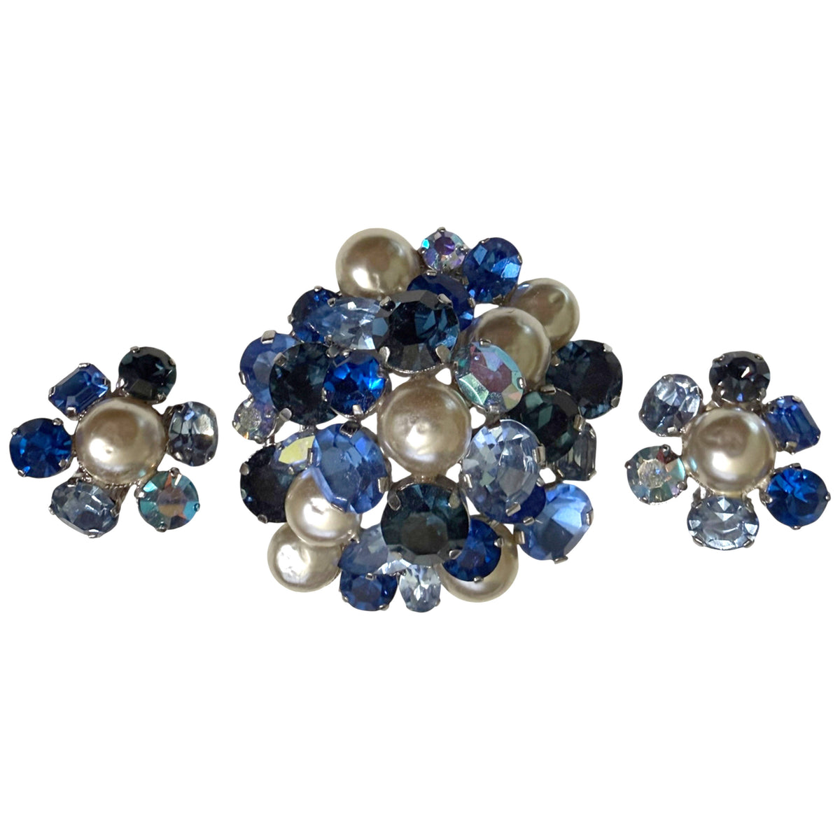 Vintage Austrian blue rhinestone and faux pearl demi-parure brooch and earrings