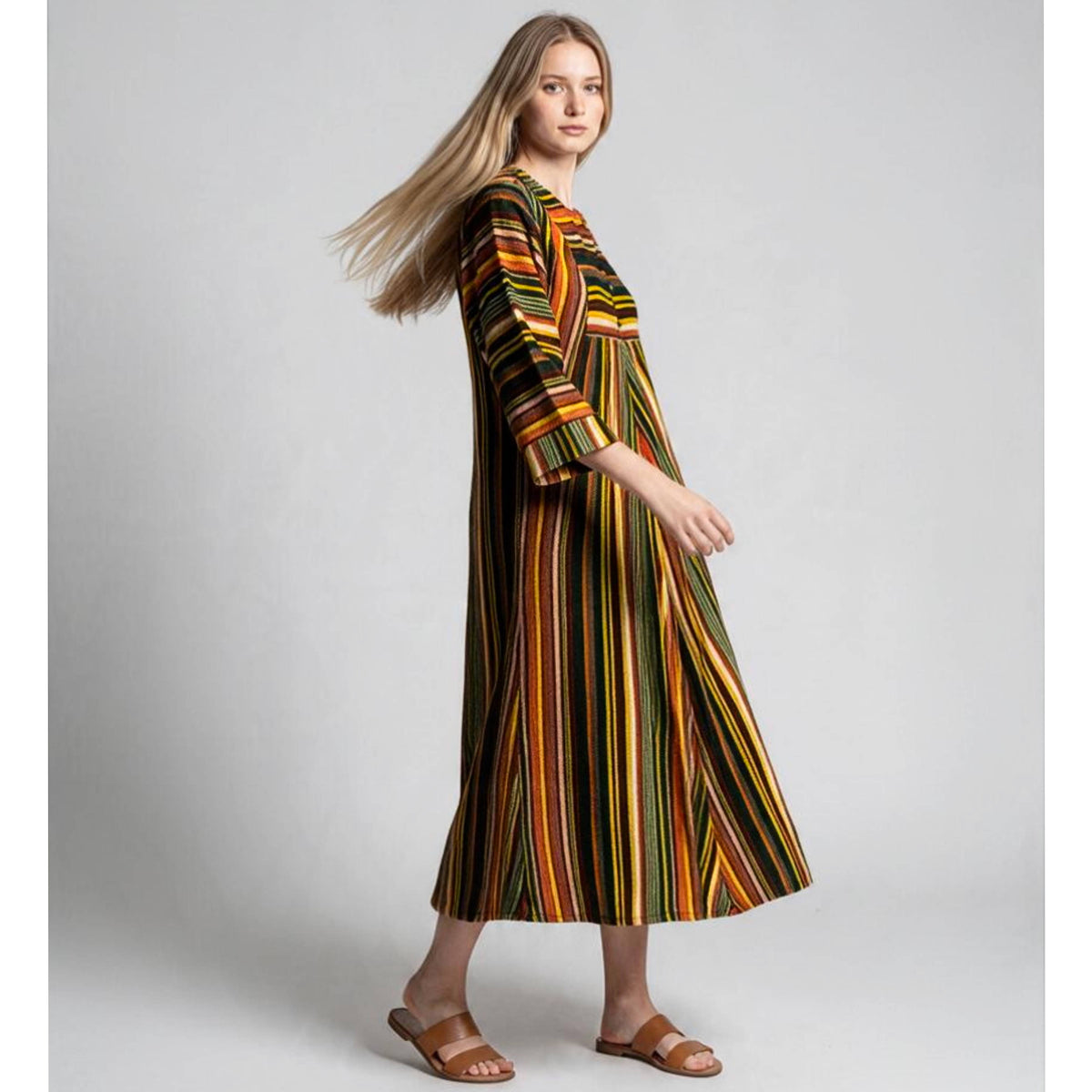 AI generated model wearing vintage 1970s Bard's caftan housecoat