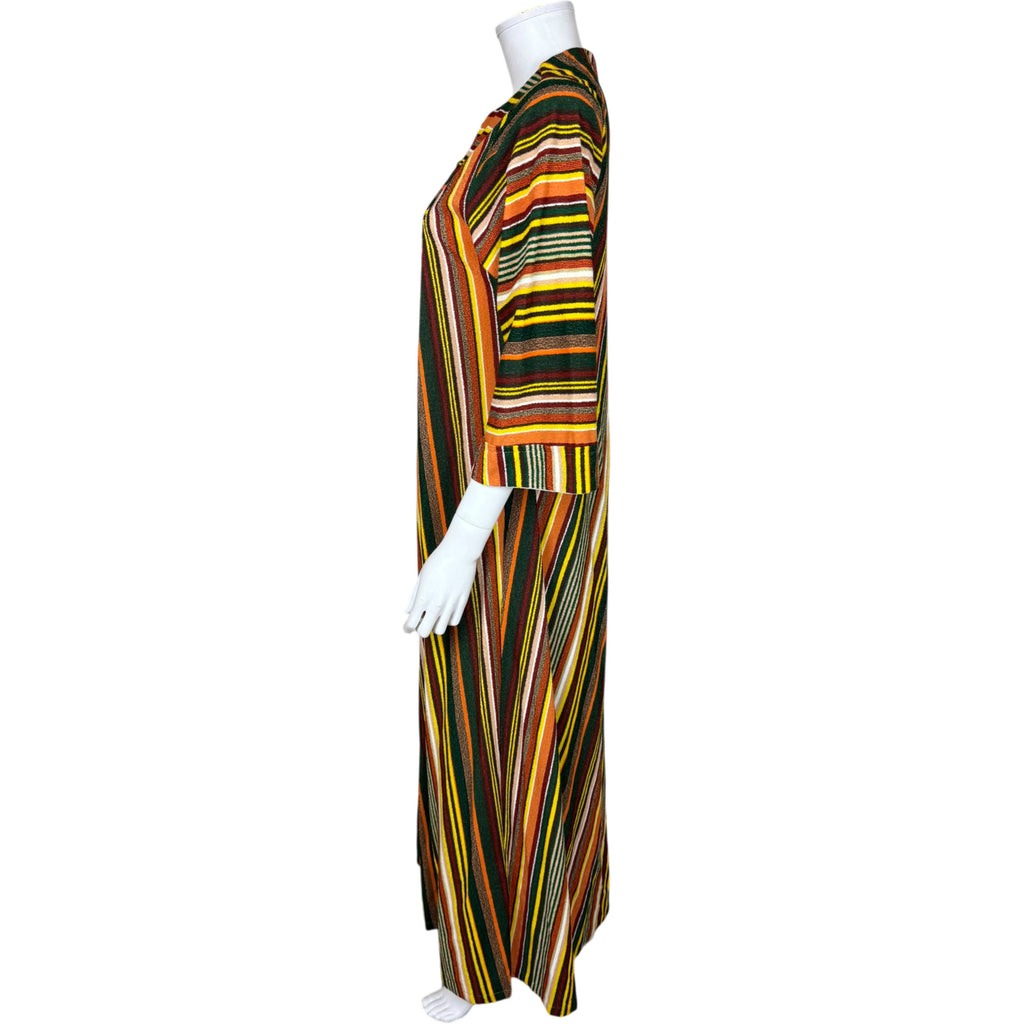 Side view of 1970s Bard's housecoat showing three-quarter sleeve and long striped caftan silhouette