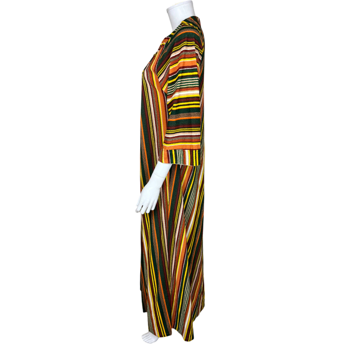 Side view of 1970s Bard's housecoat showing three-quarter sleeve and long striped caftan silhouette