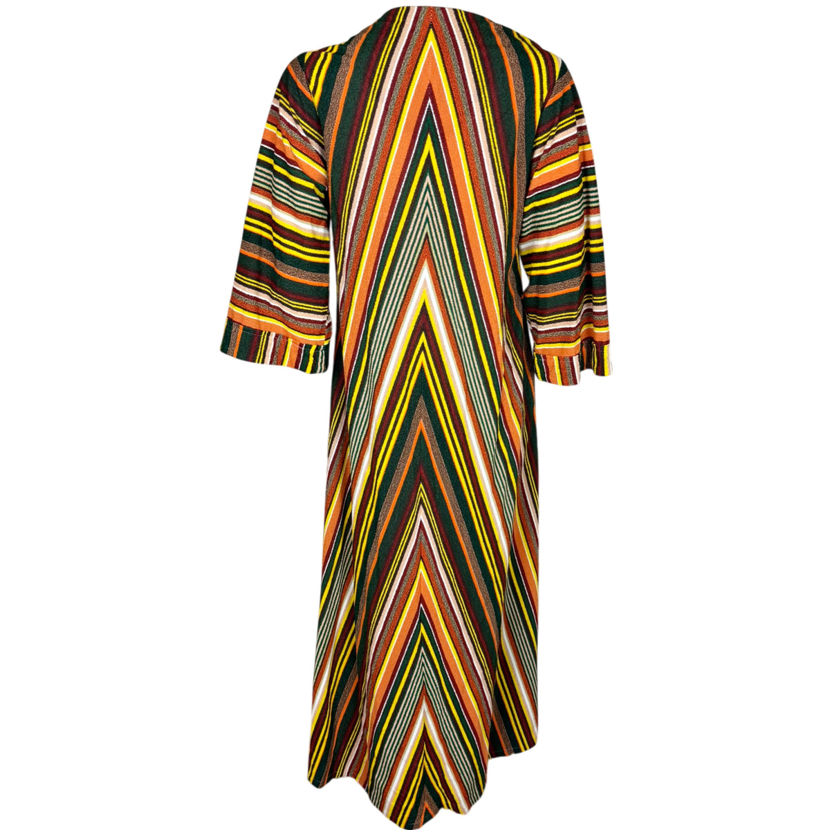 Full back view of vintage Bard's caftan robe showing dramatic multicoloured chevron stripe pattern
