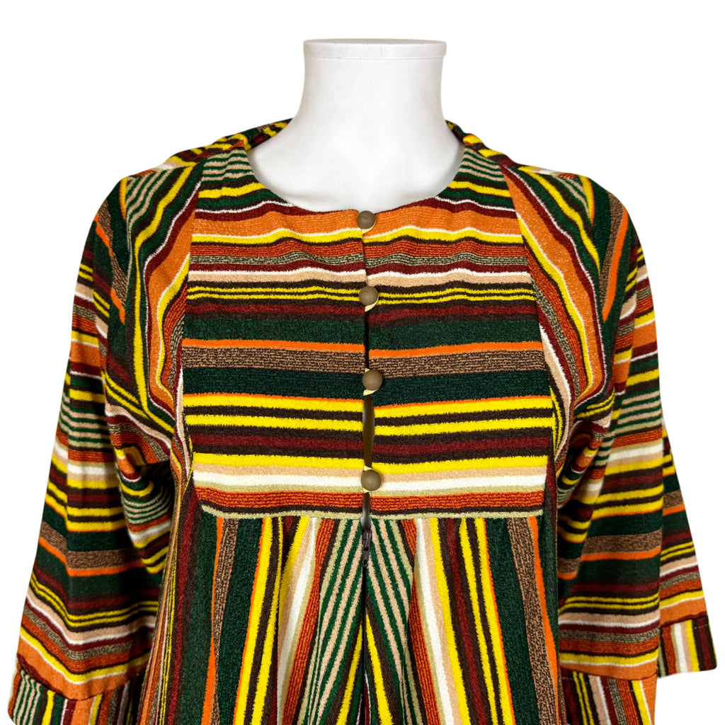 Close-up of Bard's 1970s housecoat bodice showing four tan buttons, striped yoke and front zipper