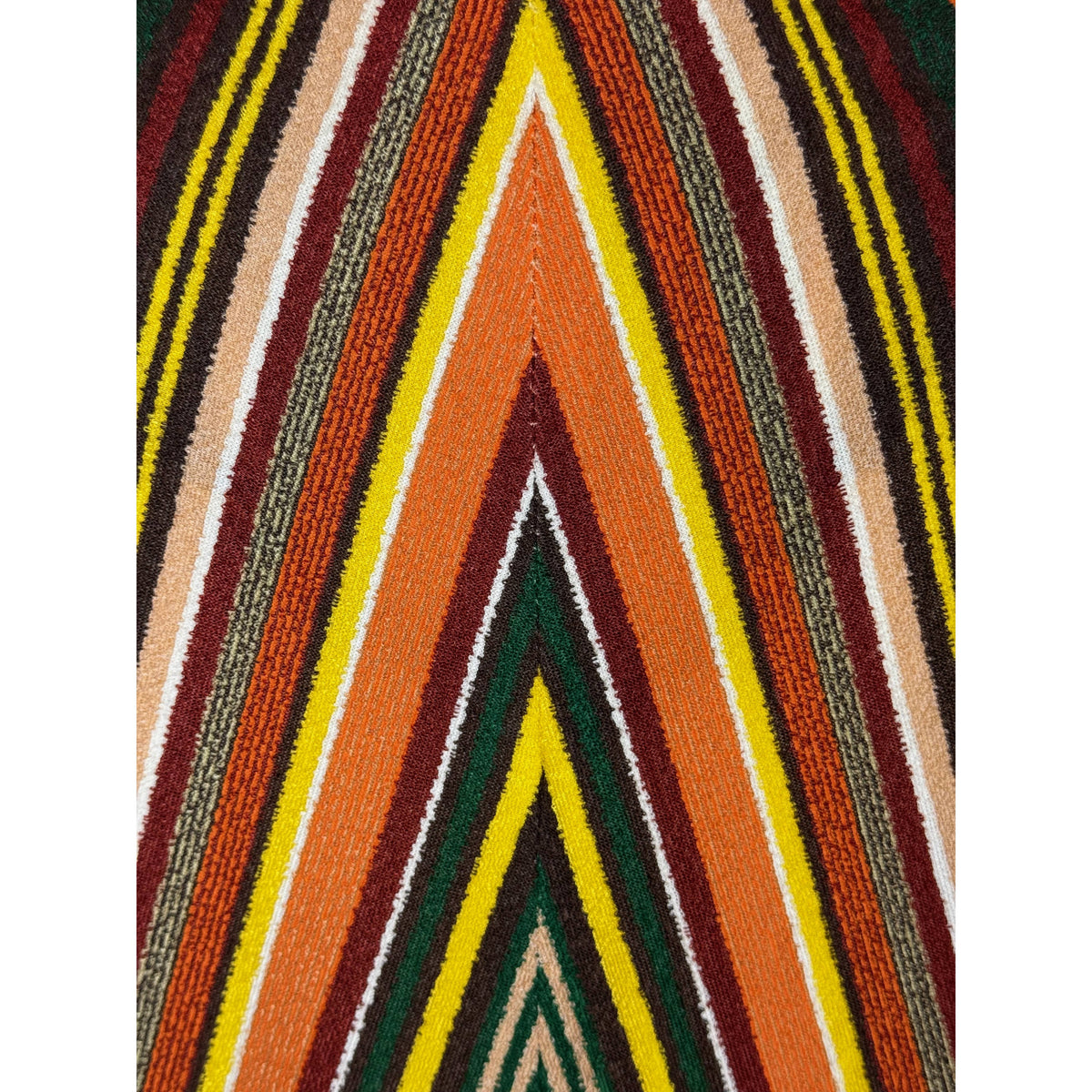 Close-up of multicoloured chevron stripe pattern on vintage Bard's textured knit fabric