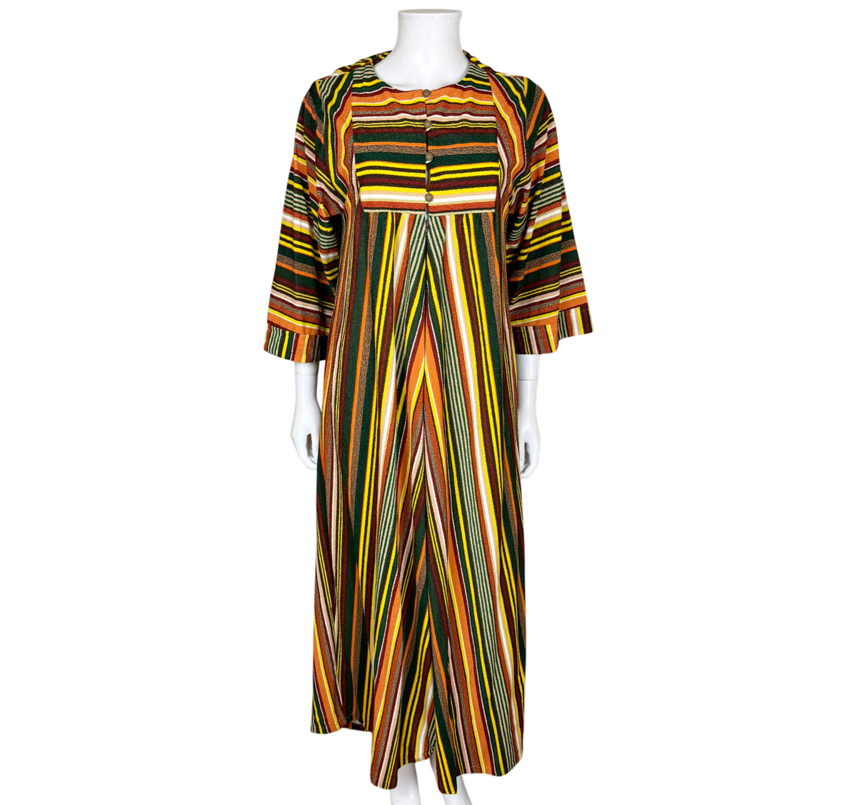 Vintage 1970s Bard's caftan housecoat in multicoloured stripes, full front view showing long flowing silhouette