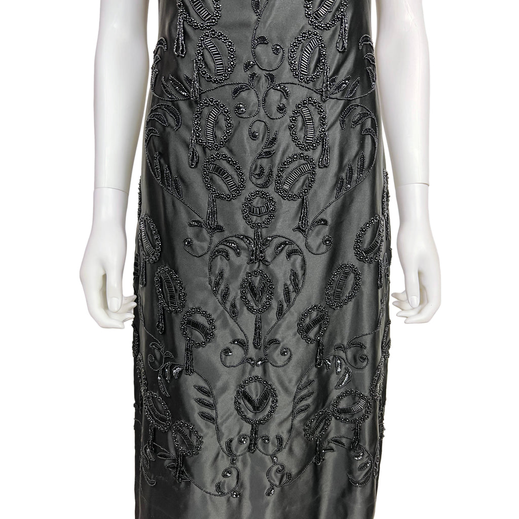 Vintage 1950s Wiggle Dress Beaded Black Silk Formal Length M