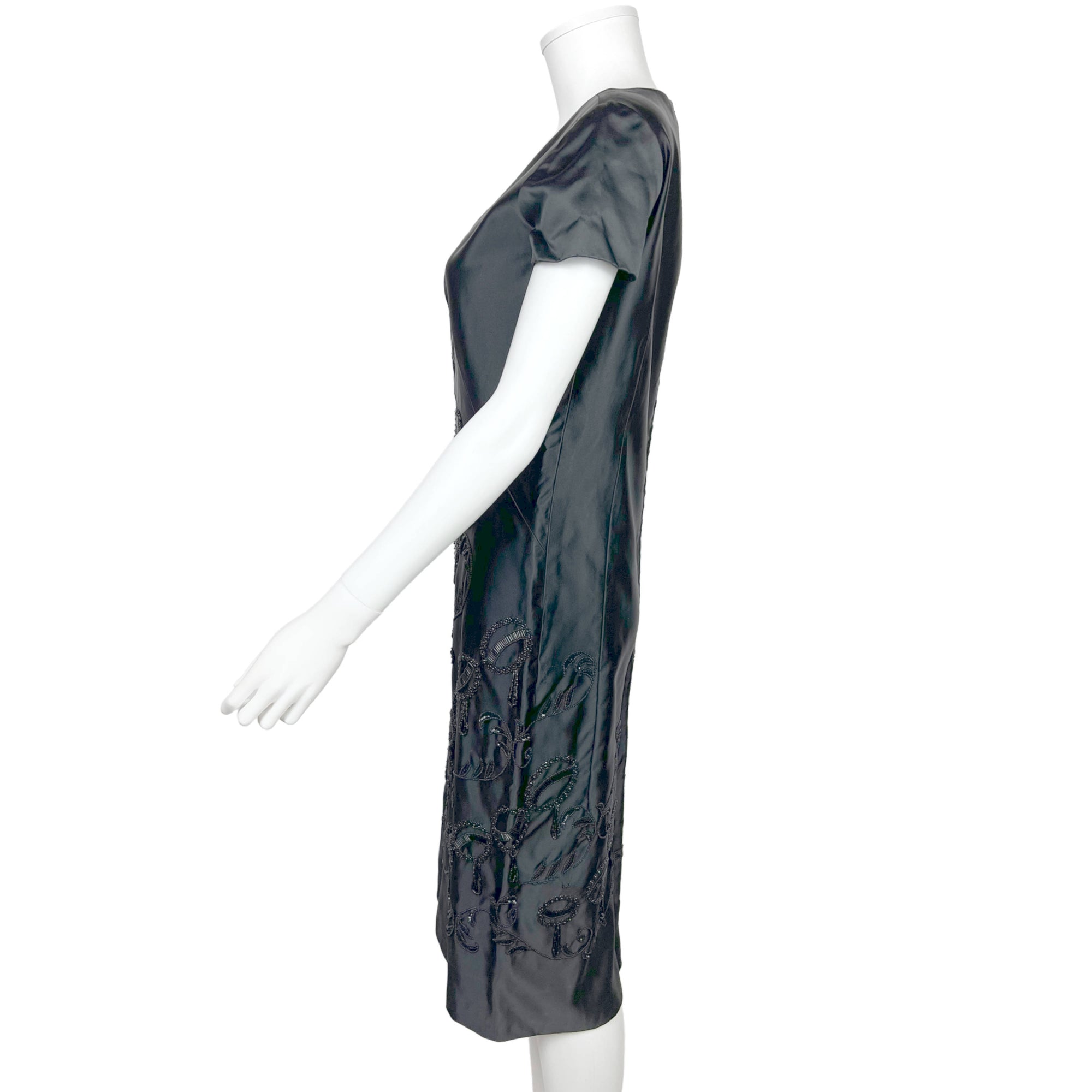 Vintage 1950s Wiggle Dress Beaded Black Silk Formal Length M