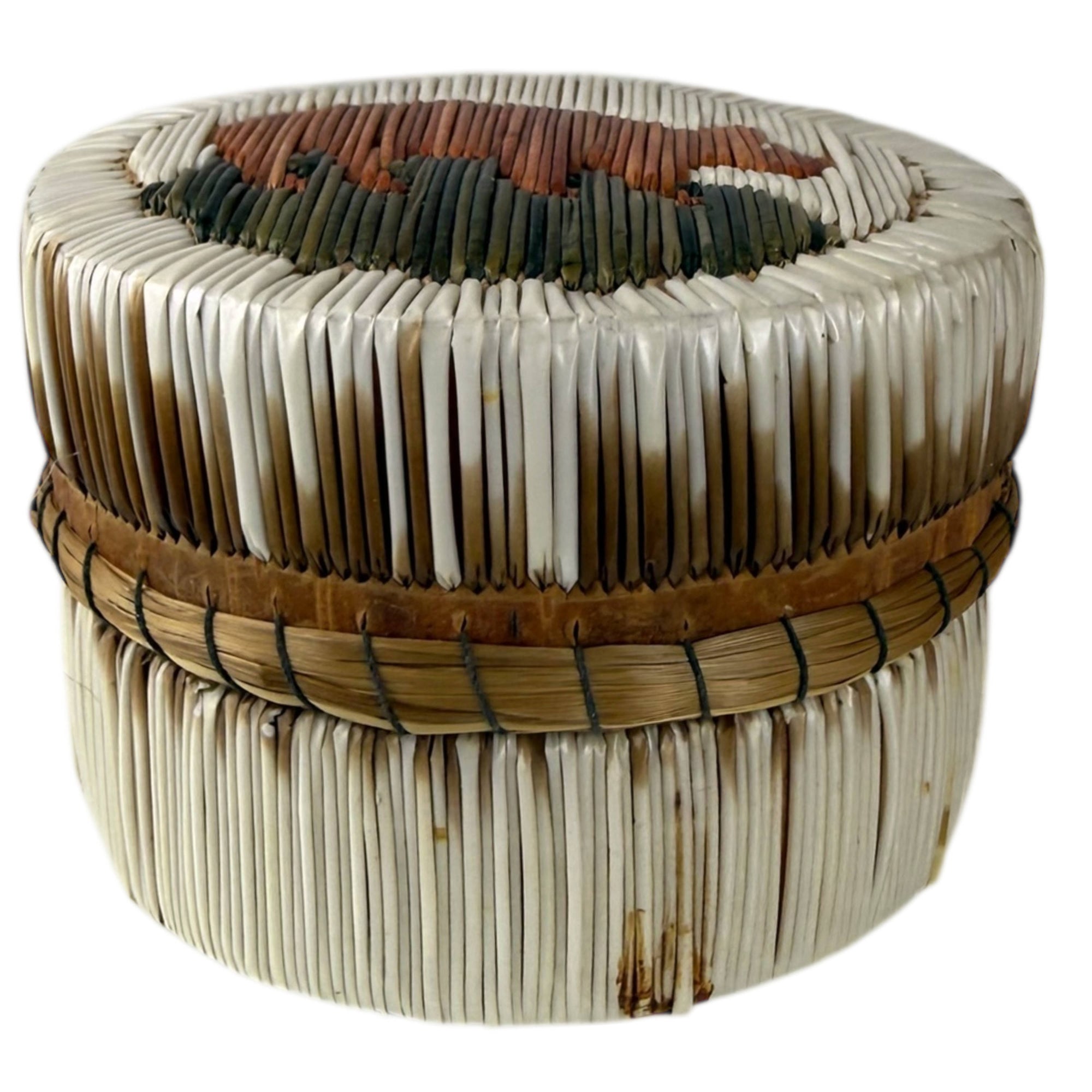 Vintage Porcupine Quill Birch Bark Box with Bear Motif Anishinaabe Indigenous Quillwork Canada c. 1950s