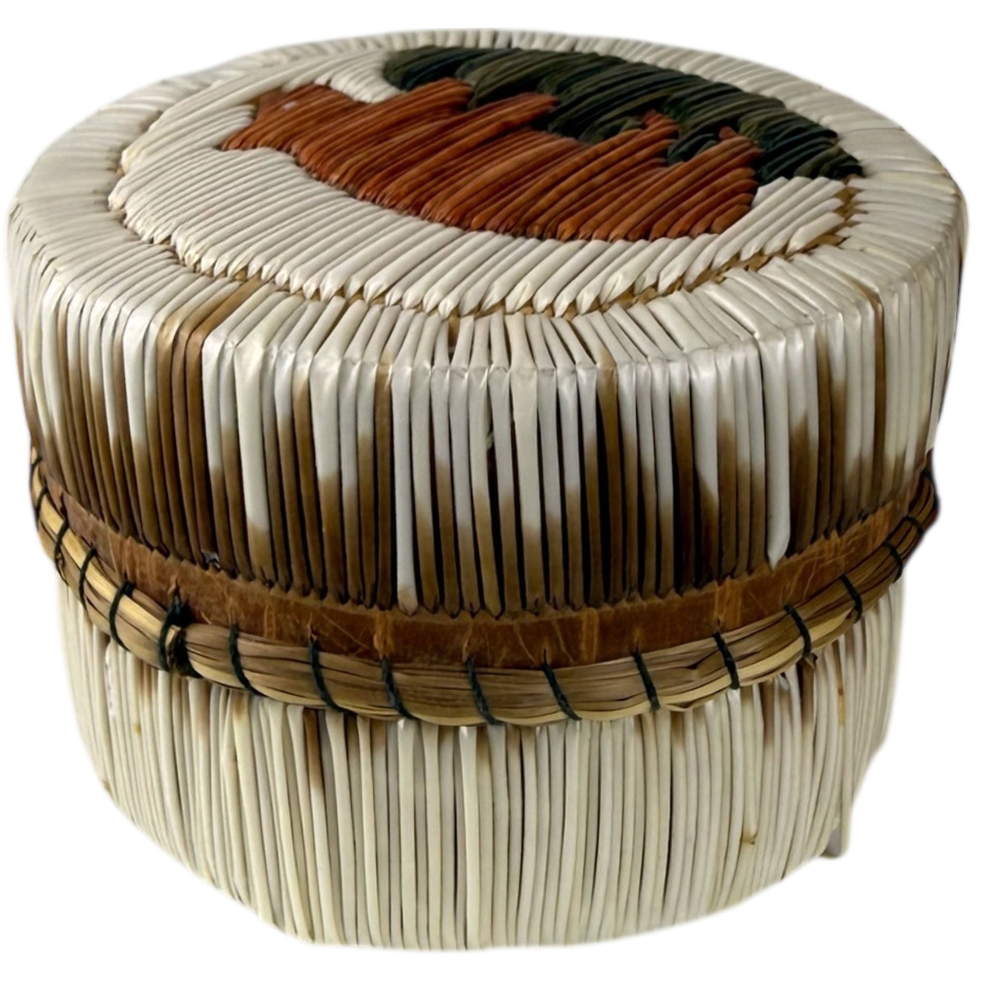 Vintage Porcupine Quill Birch Bark Box with Bear Motif Anishinaabe Indigenous Quillwork Canada c. 1950s
