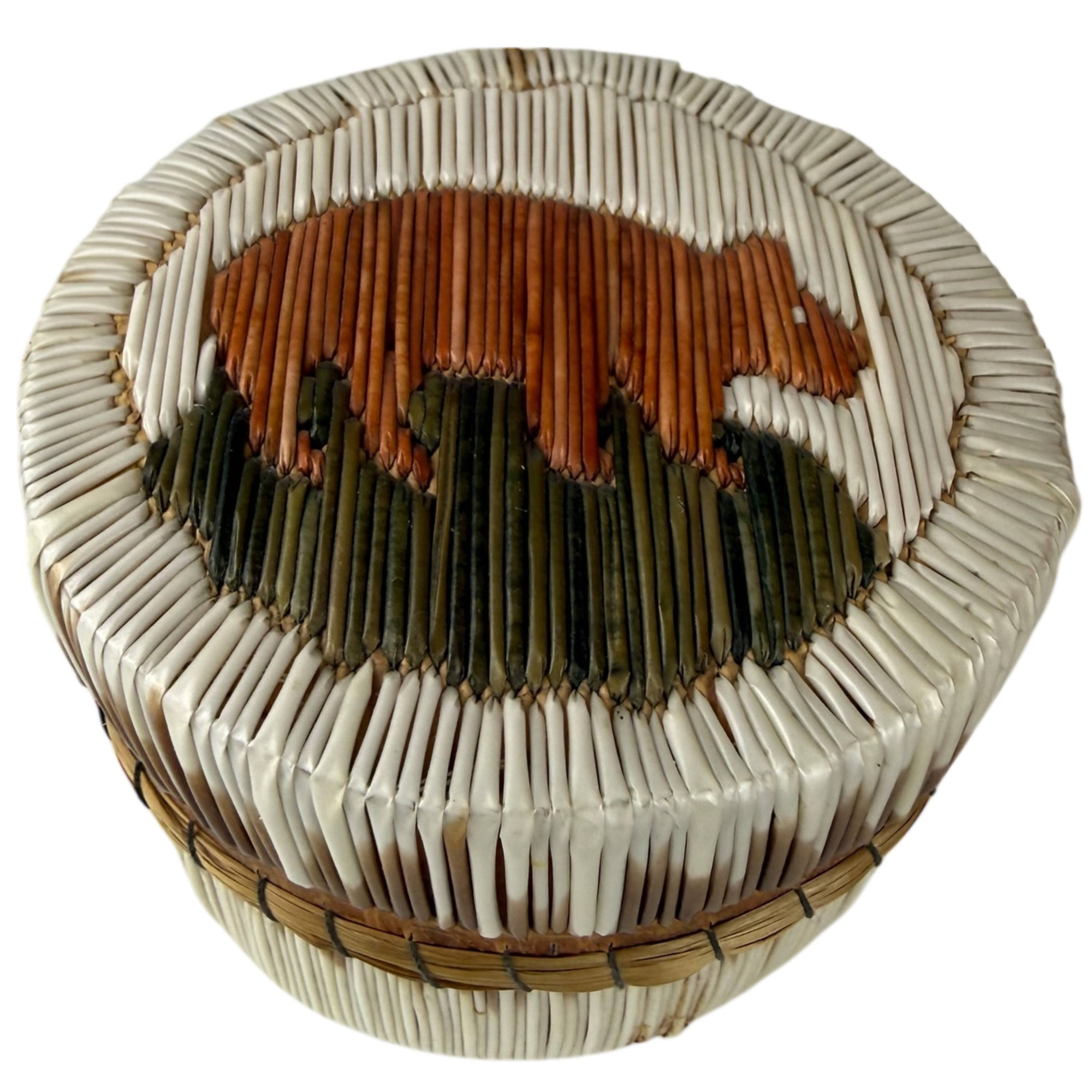 Vintage Porcupine Quill Birch Bark Box with Bear Motif Anishinaabe Indigenous Quillwork Canada c. 1950s